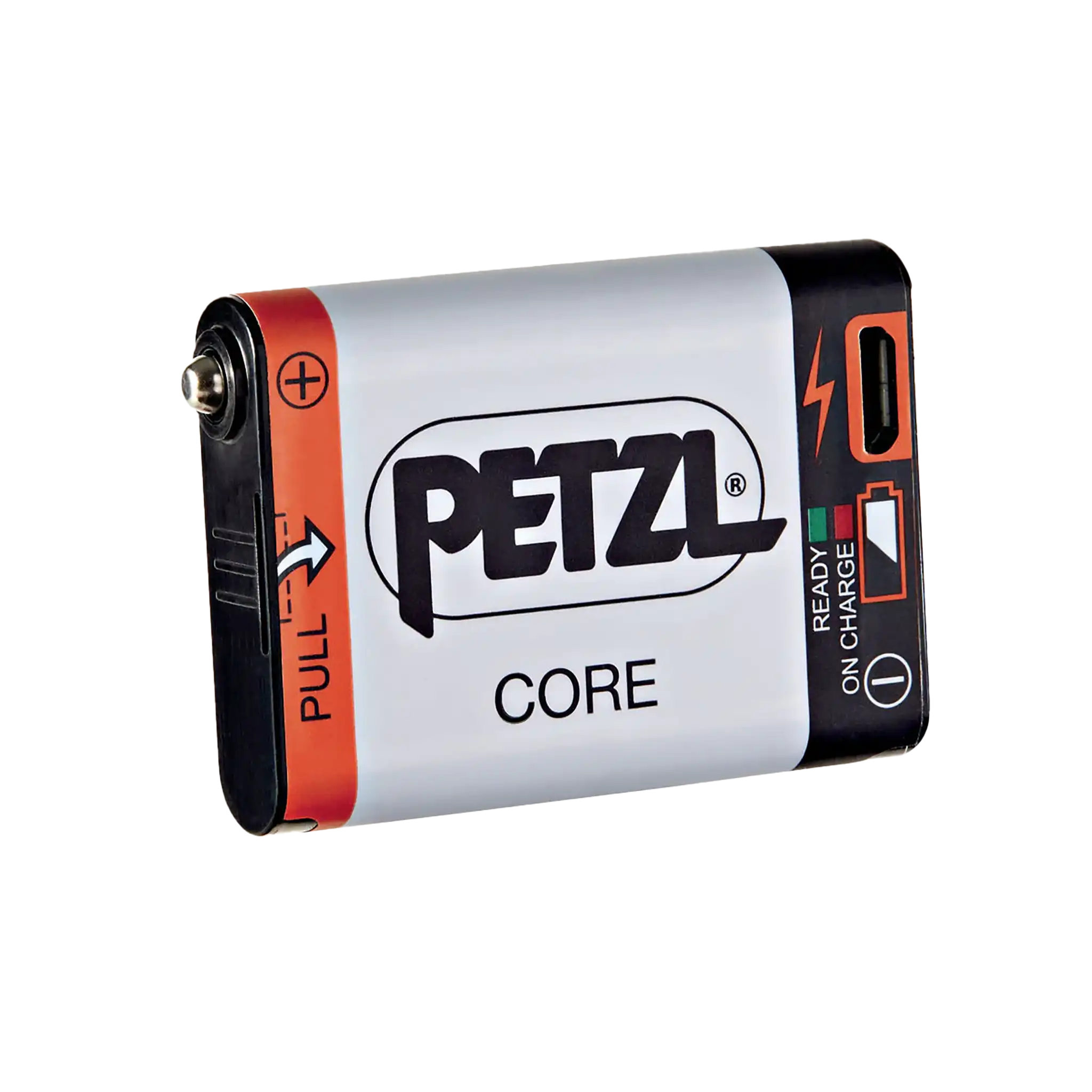 Rectangular Petzl CORE rechargeable battery with USB-C port and charge status indicators.