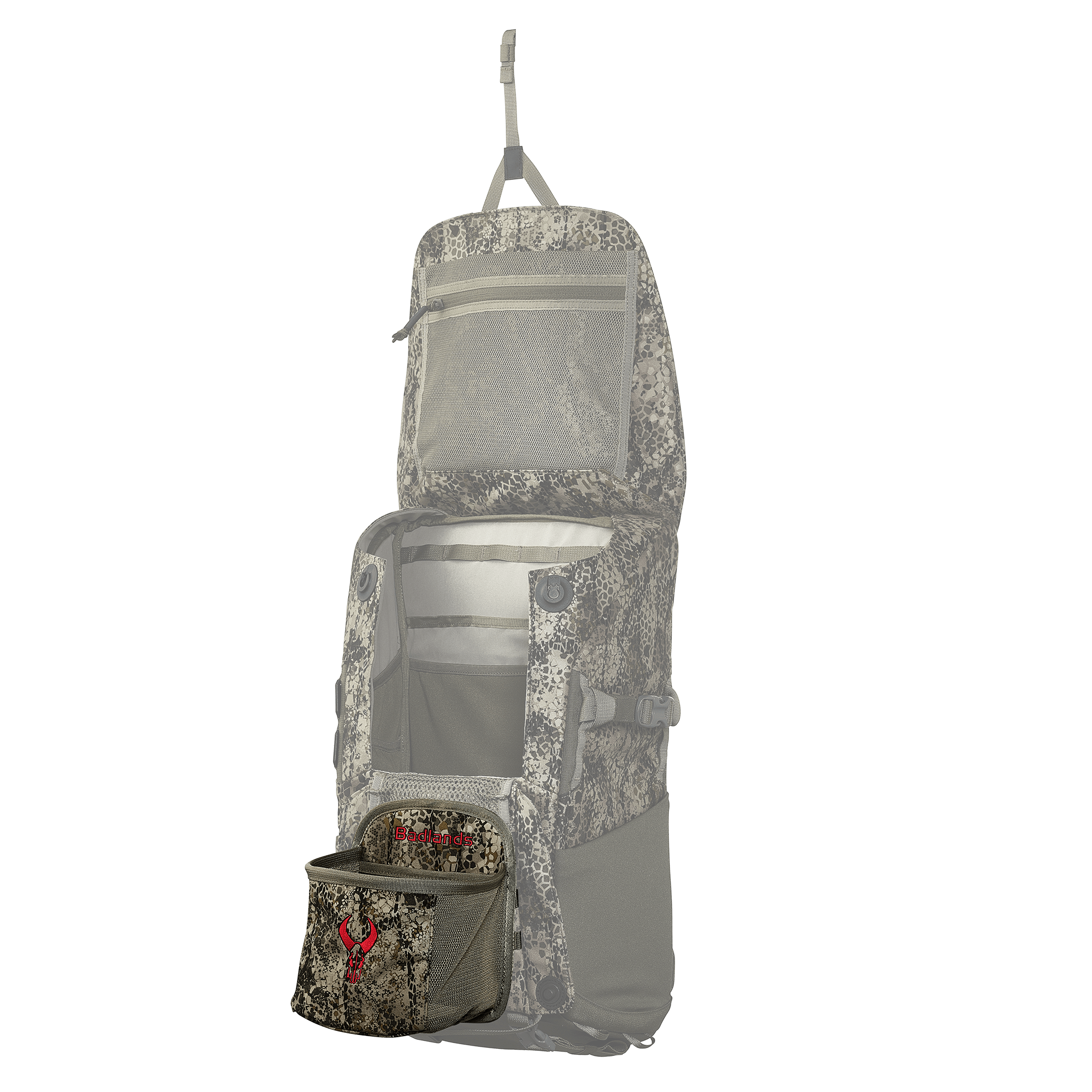 Camo hunting backpack with open compartments and Moonrivers skull logo on front pocket, shown hanging for easy access.