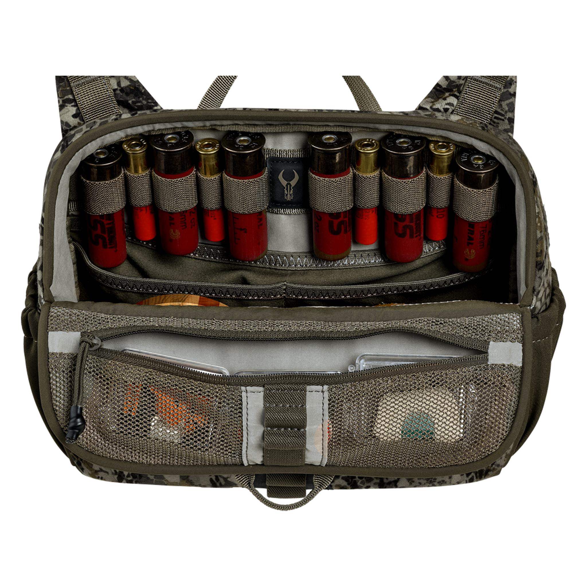 Open hunting bag with Moonrivers Logo, holding shotgun shells in elastic loops and mesh pockets for gear organization.