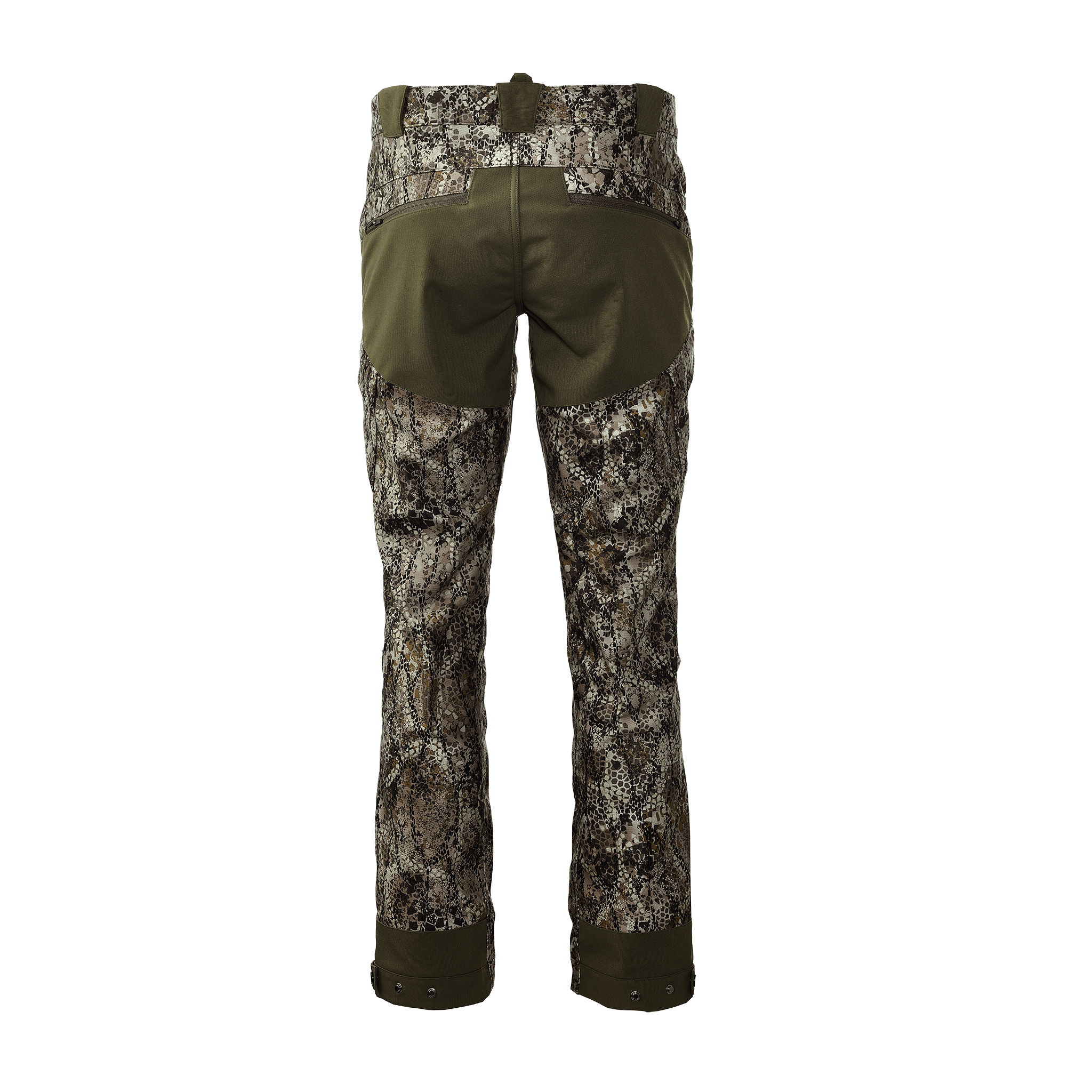 Back view of camo hunting pants with reinforced olive seat and adjustable cuffs. Moonrivers Logo not visible.