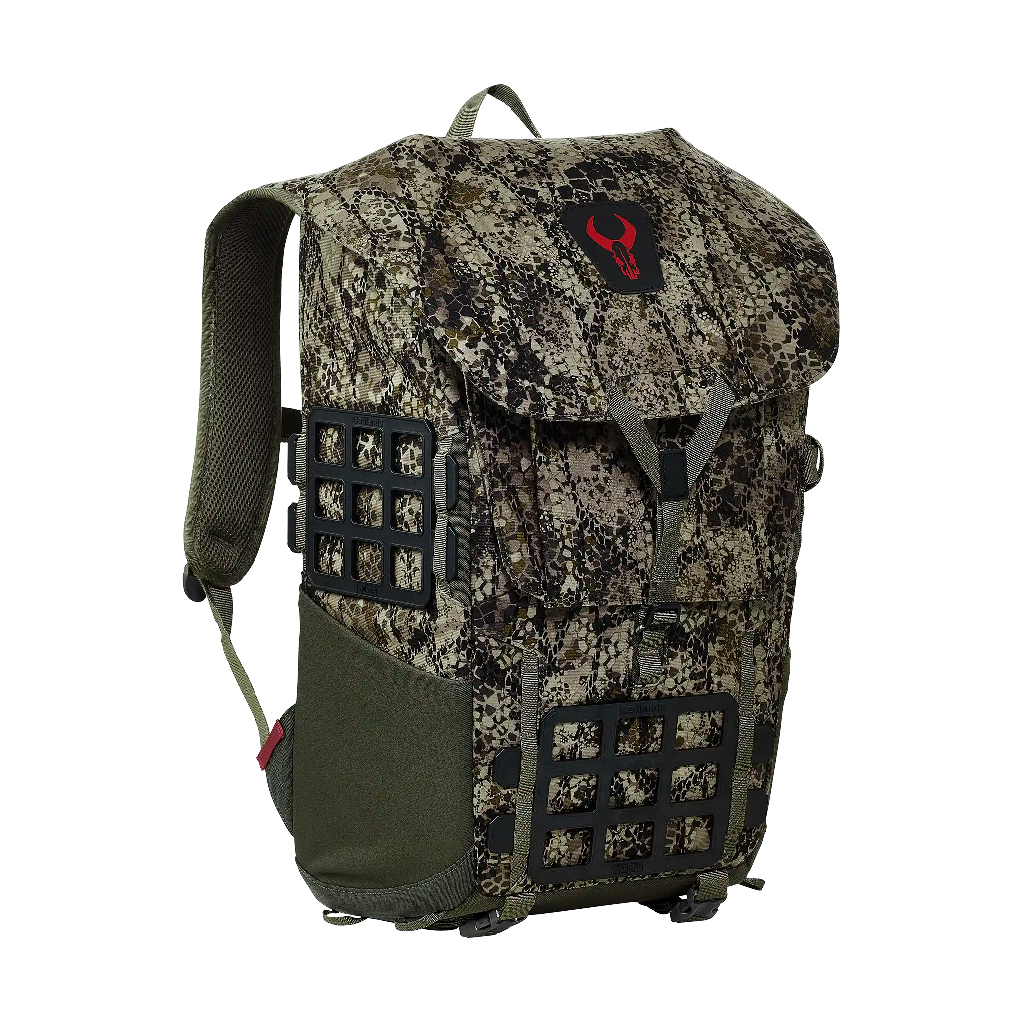 Camo hunting backpack with Moonrivers skull logo, padded straps, and modular grid panels for gear attachment.