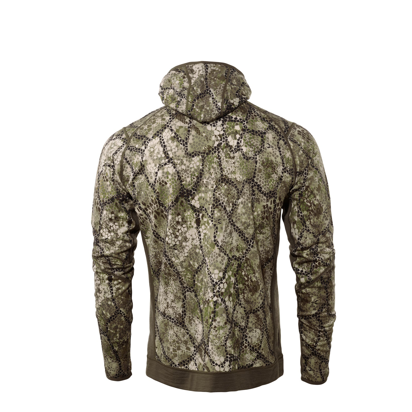 Back view of Moonrivers camo hoodie; features green and brown pattern, hood, and subtle skull logo.