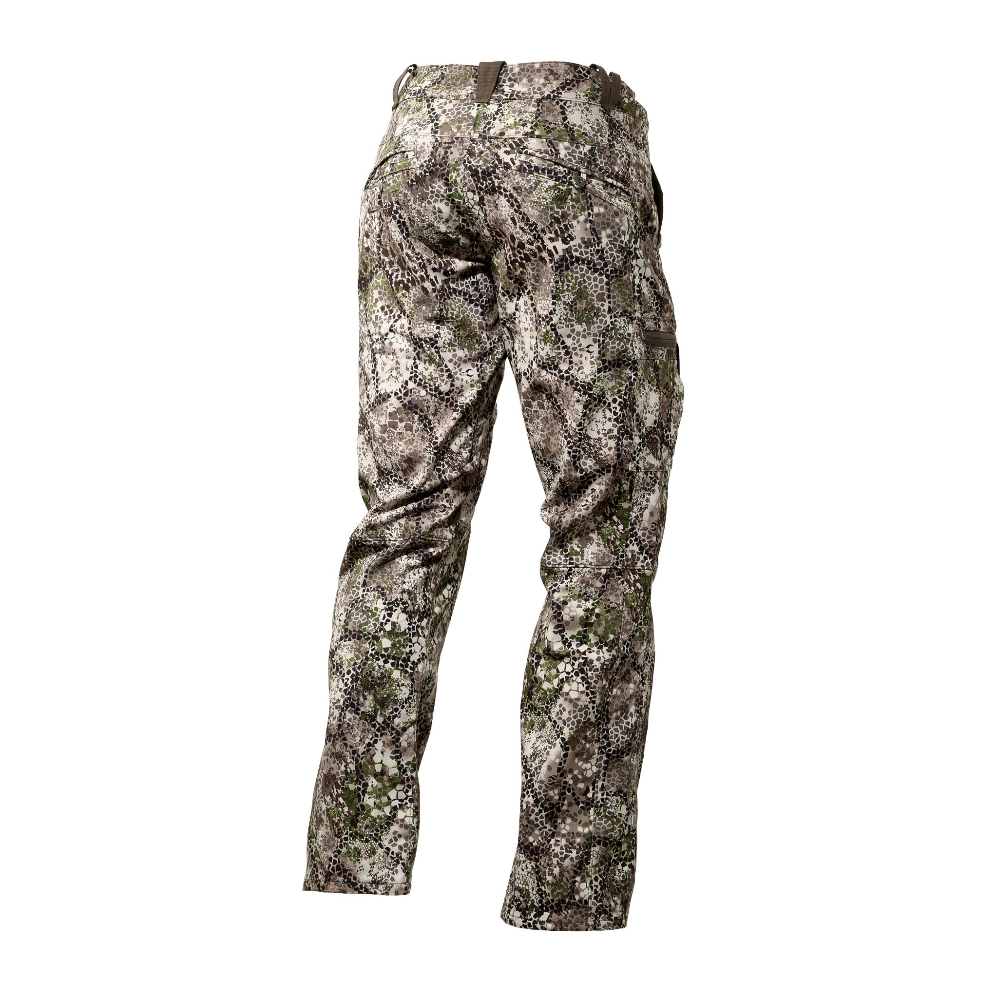Moonrivers camo hunting pants, rear view, featuring durable fabric and subtle Moonrivers skull logo.