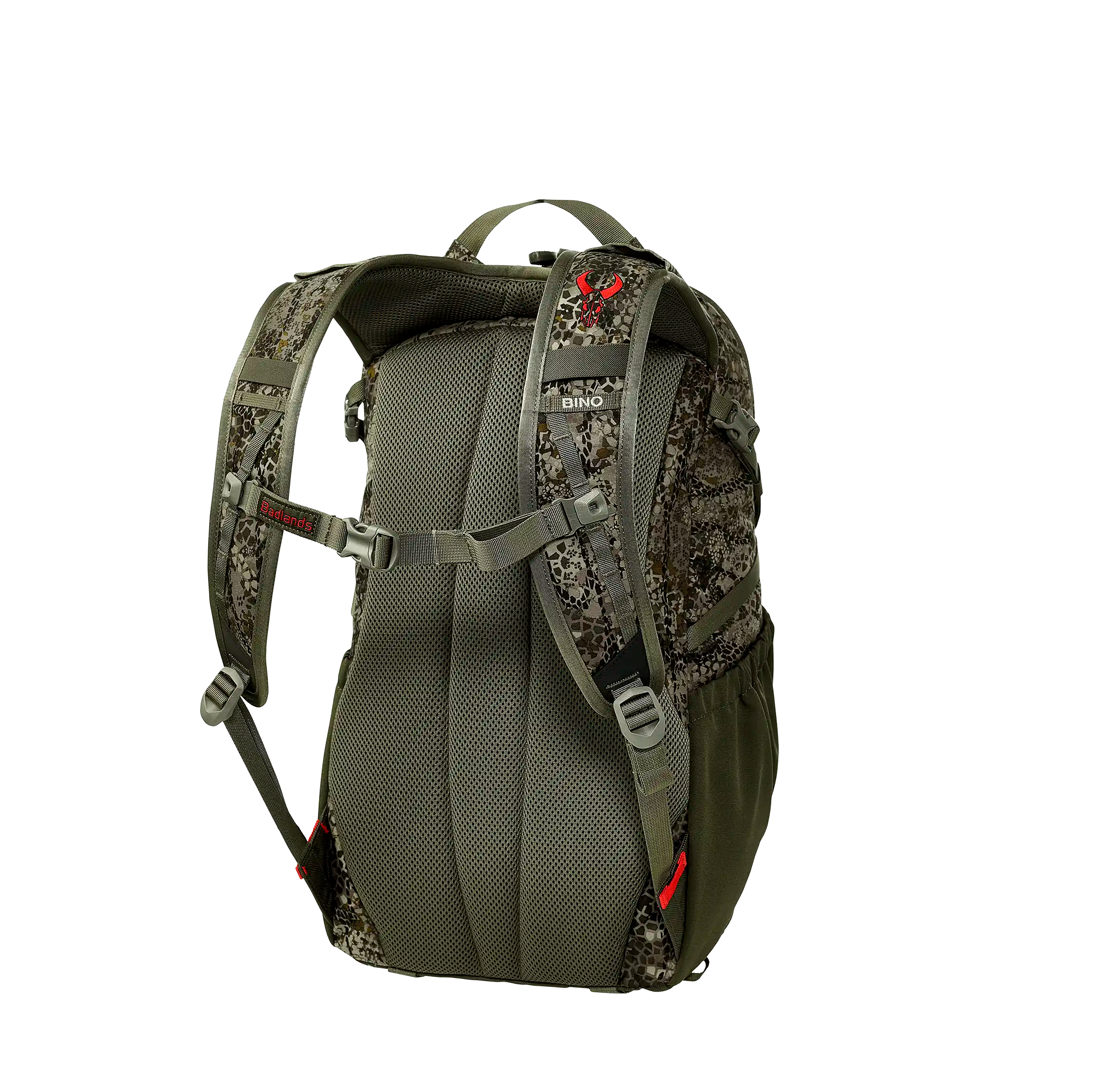 Camo backpack with padded straps, mesh back, and Moonrivers skull logo on the left strap.