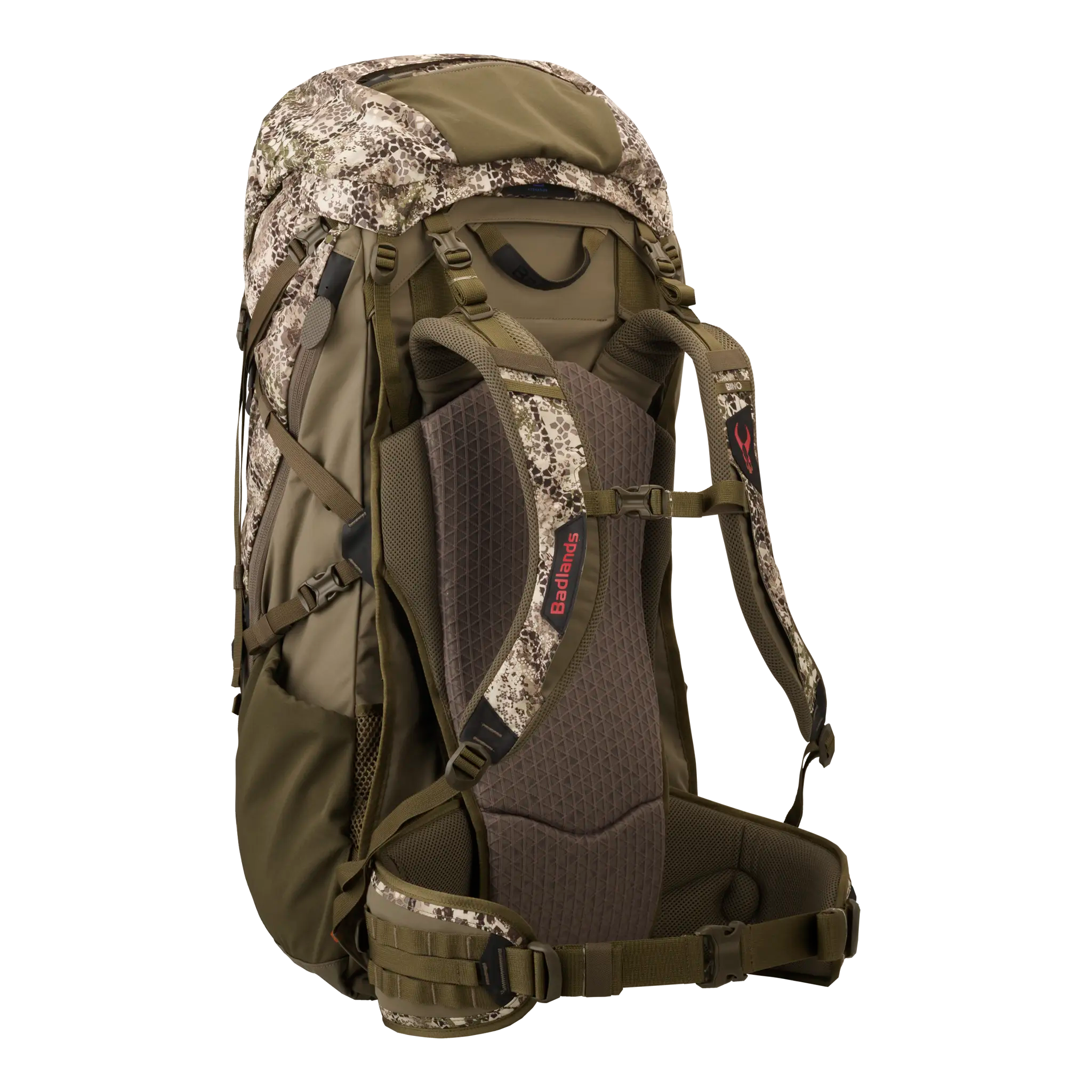 Camo hiking backpack with padded straps, Moonrivers Logo, and ergonomic support for outdoor use.
