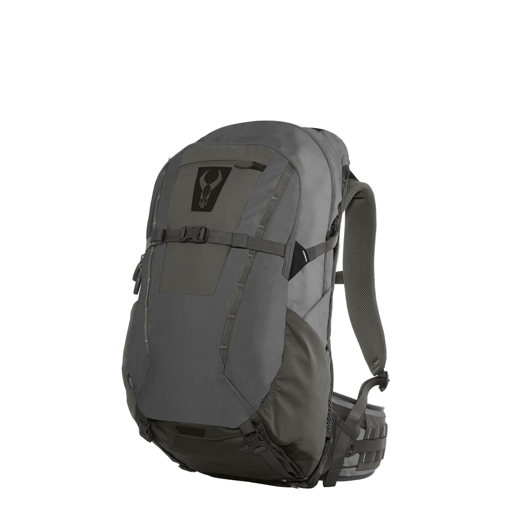 Gray backpack with padded straps and Moonrivers skull logo on the front, designed for outdoor or hiking use.