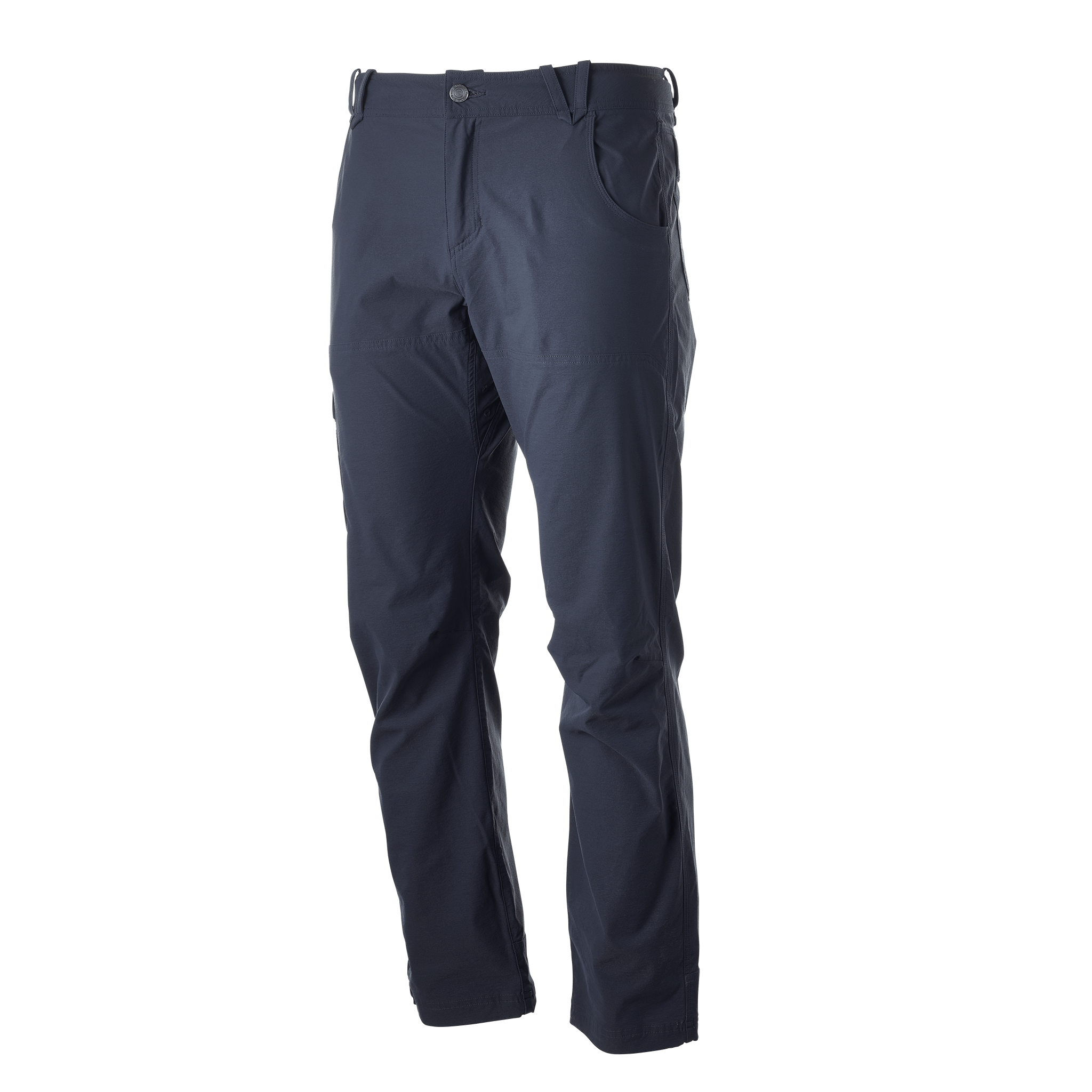 Dark blue men's pants with front pockets, belt loops, and button closure. No visible logos or patterns.