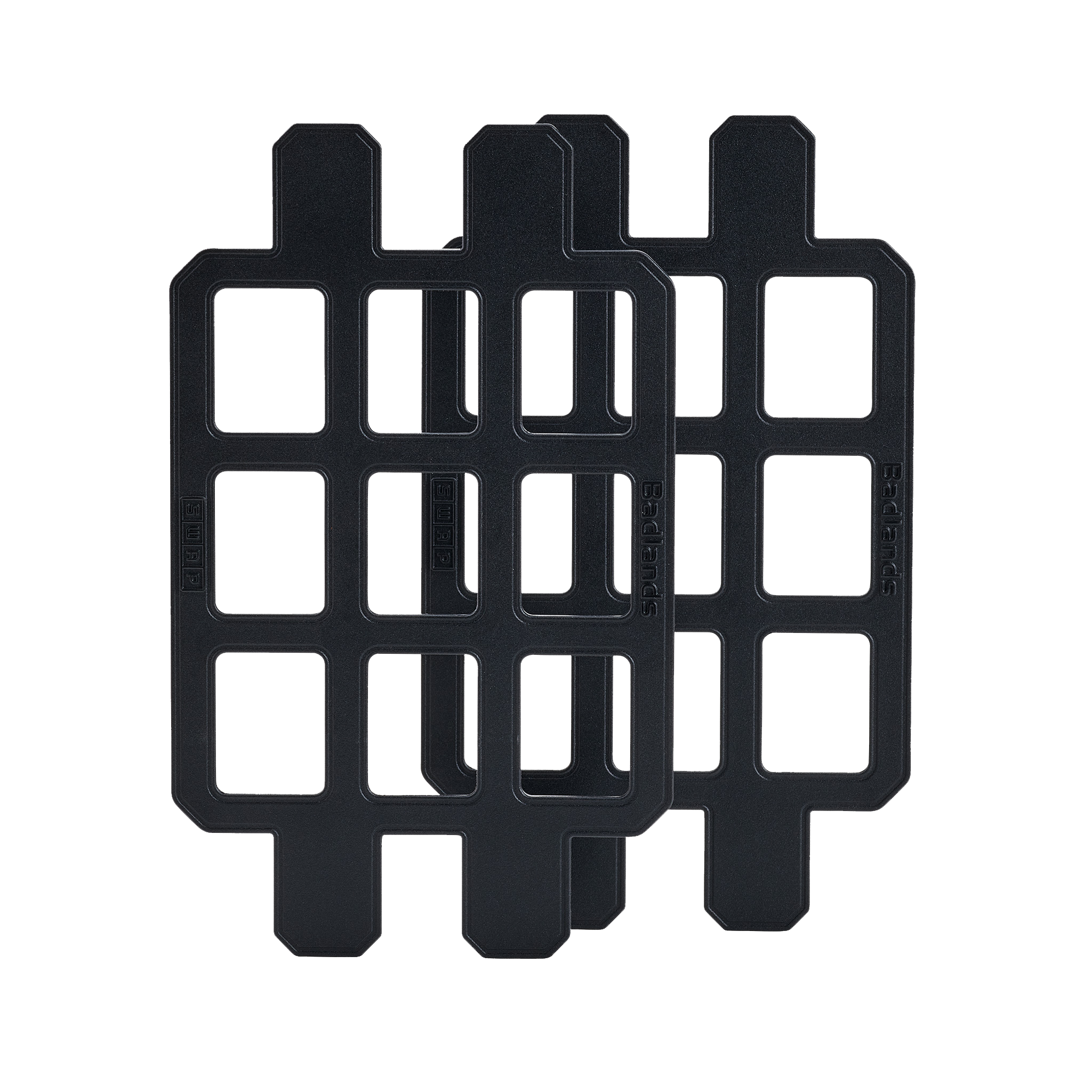 Two black Moonrivers gear organizer panels with grid openings, designed for modular storage and easy attachment.