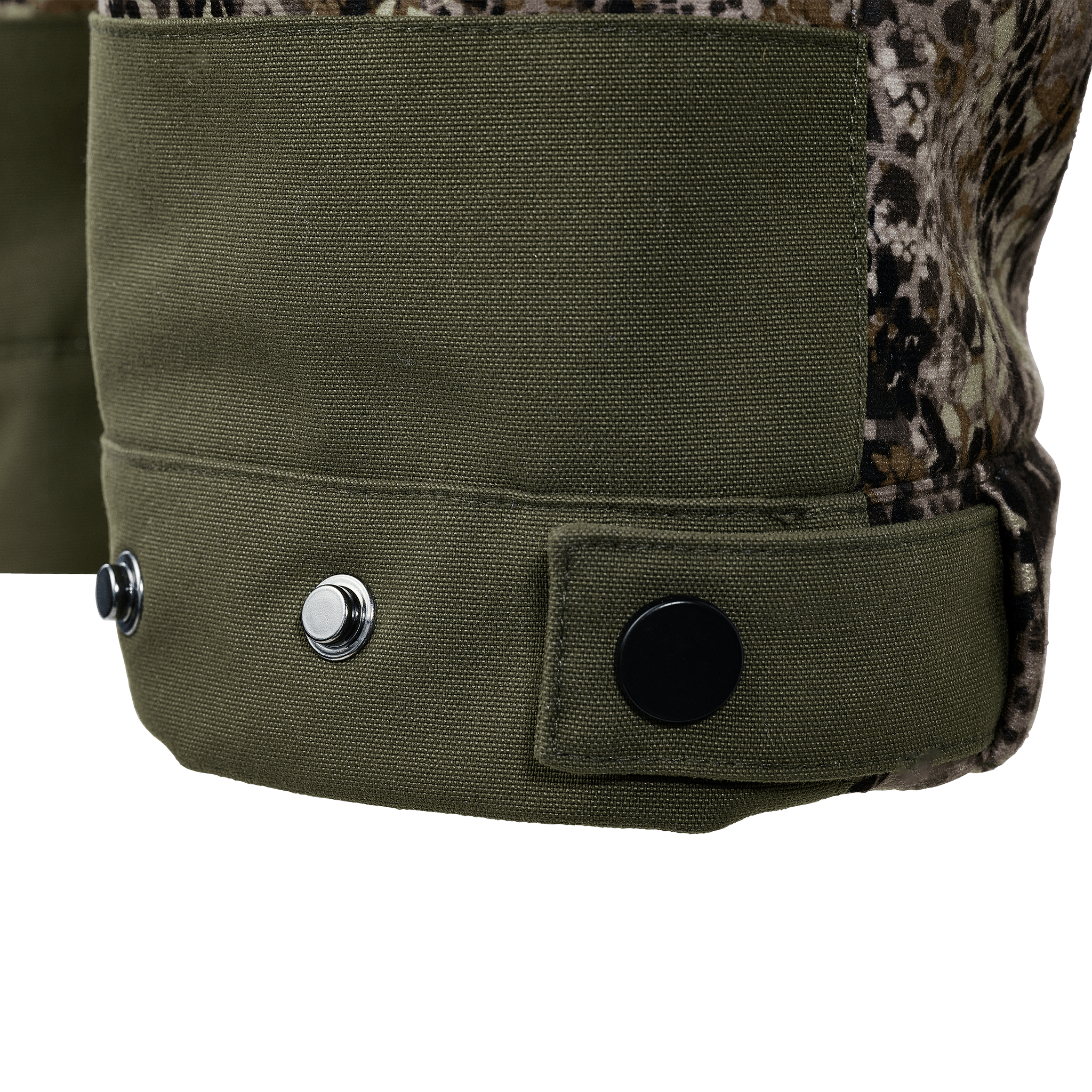 Close-up of a green fabric cuff with snap buttons and camouflage pattern, showing texture and fastener details.