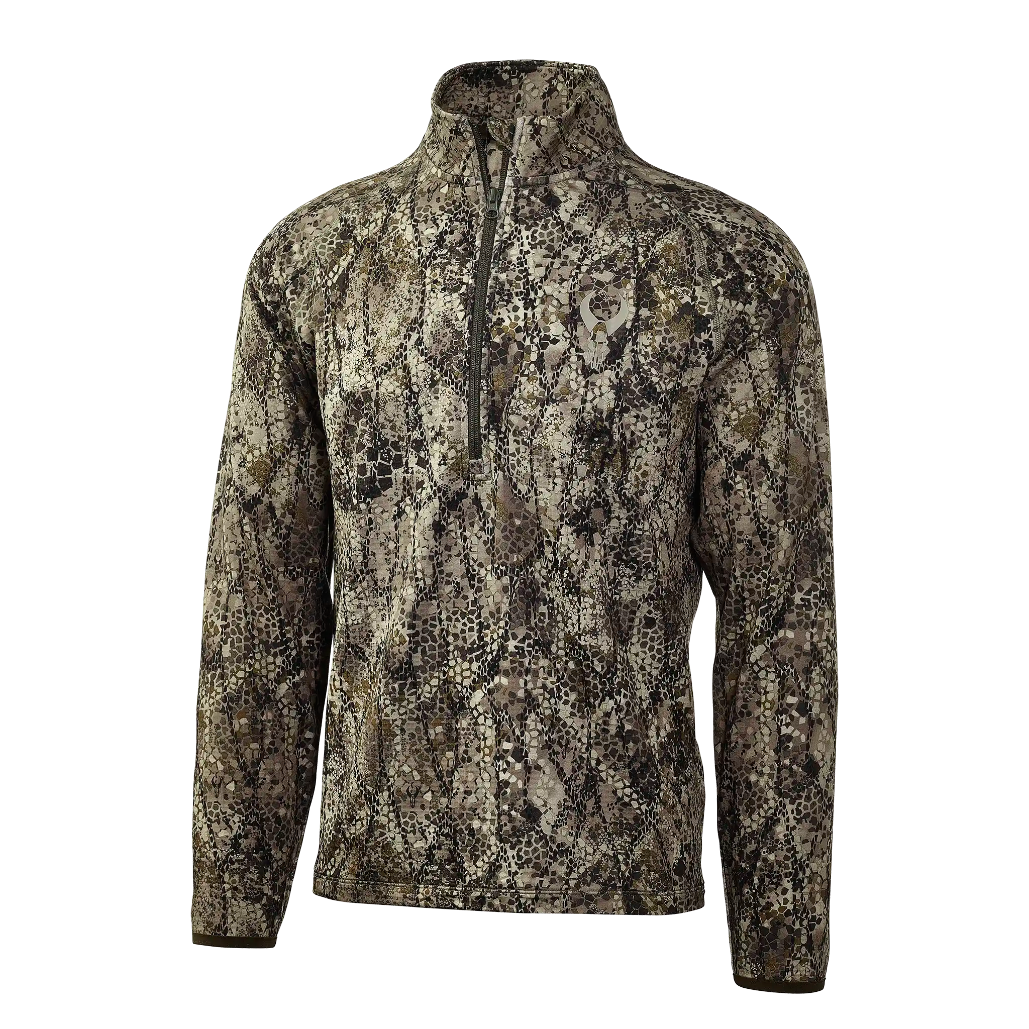 Camo-patterned pullover with Moonrivers skull logo on chest, long sleeves, and front zipper; designed for outdoor use.