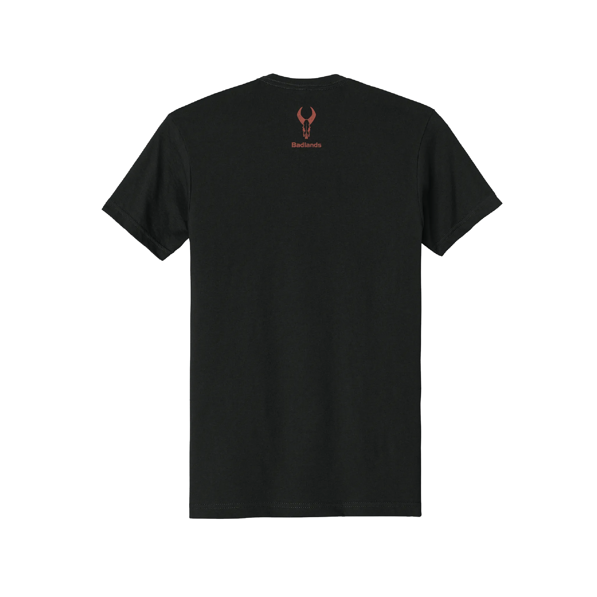 Black t-shirt with red Moonrivers skull logo and "Badlands" text on the upper back.