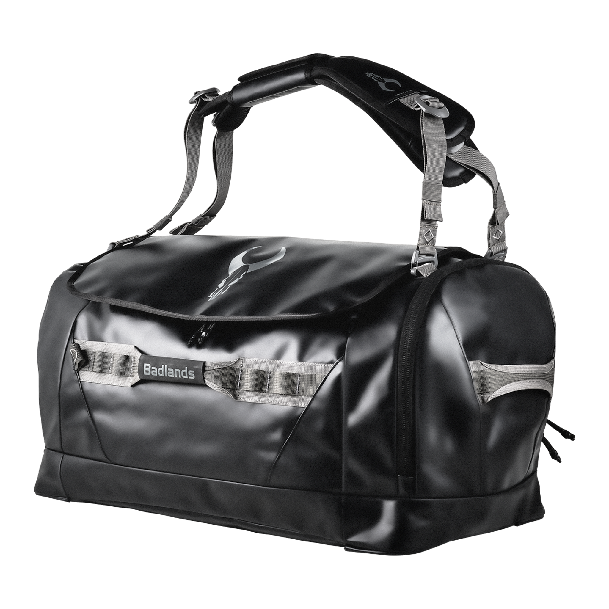 Black Moonrivers duffel bag with skull logo, padded handle, zippered pockets, and accessible compartments.