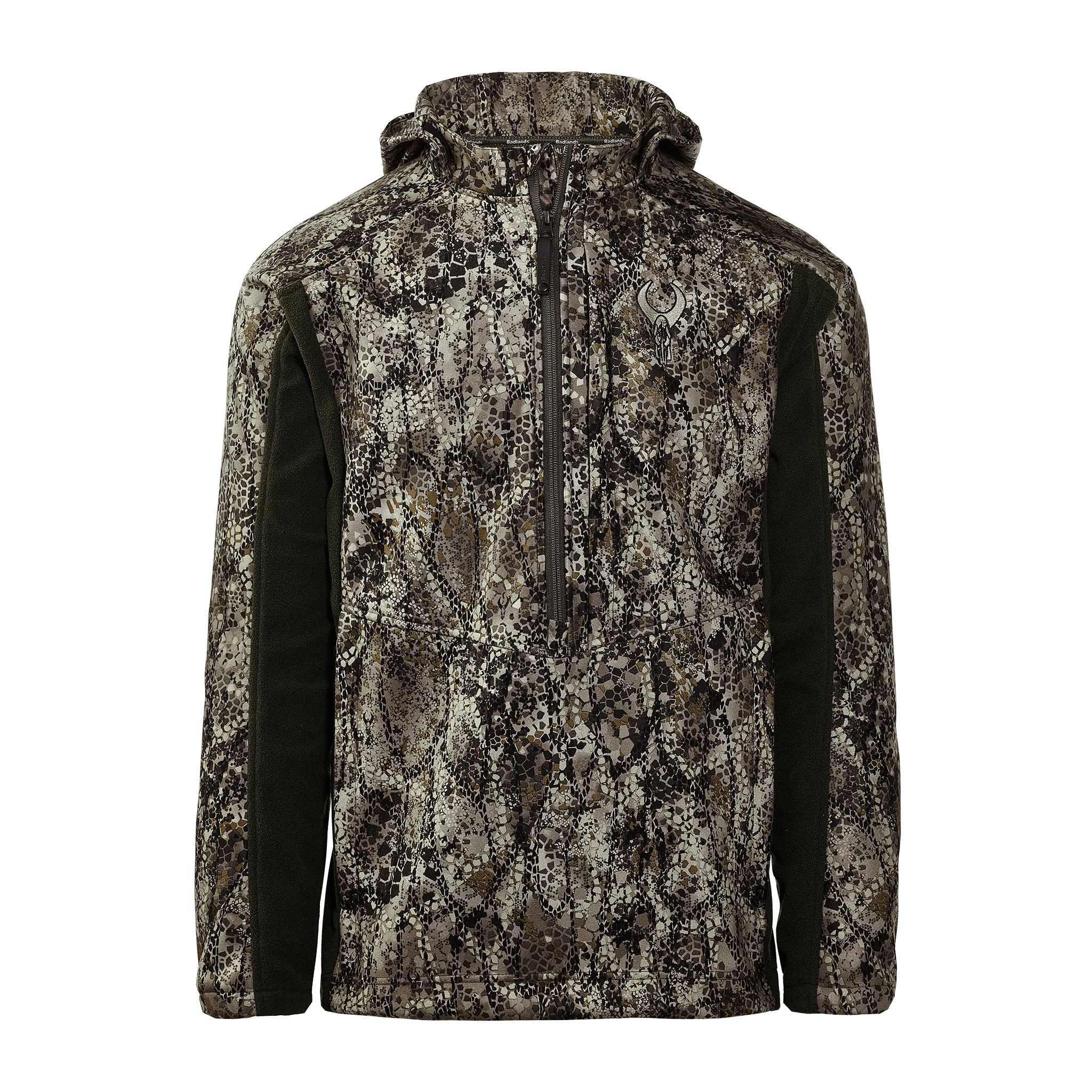 Camo hunting jacket with Moonrivers skull logo, front zipper, and hood. Earth-tone pattern, long sleeves, and side panels.