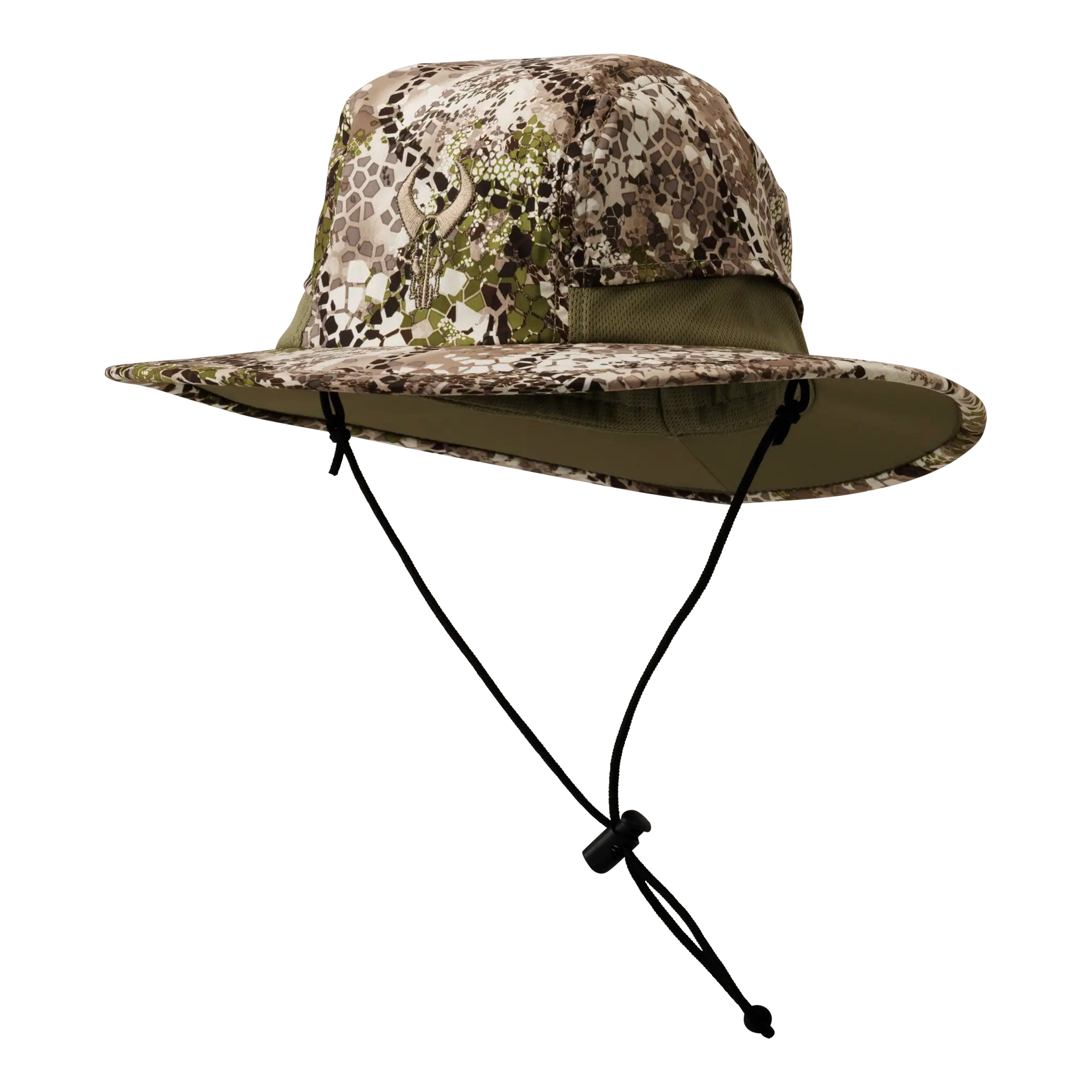 Camo boonie hat with chin strap and Moonrivers skull logo on the front, designed for outdoor use.