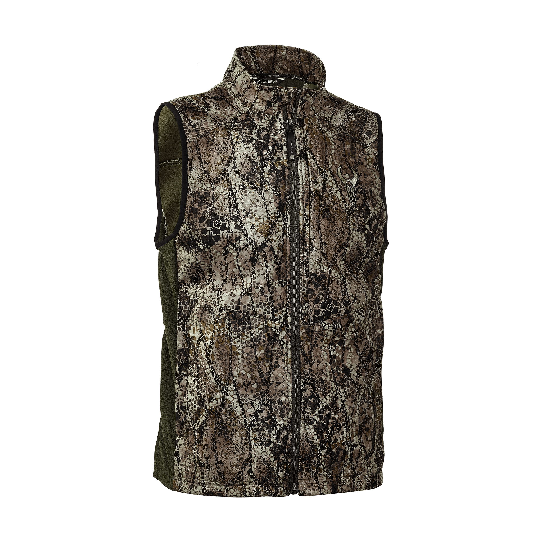 Sleeveless camo hunting vest with front zipper and Moonrivers skull logo on chest.