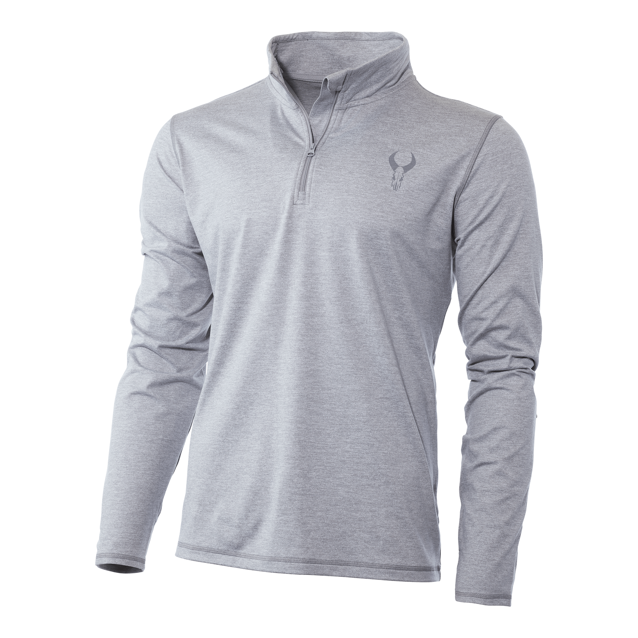 Light gray Moonrivers quarter-zip pullover with long sleeves and subtle Moonrivers skull logo on left chest.