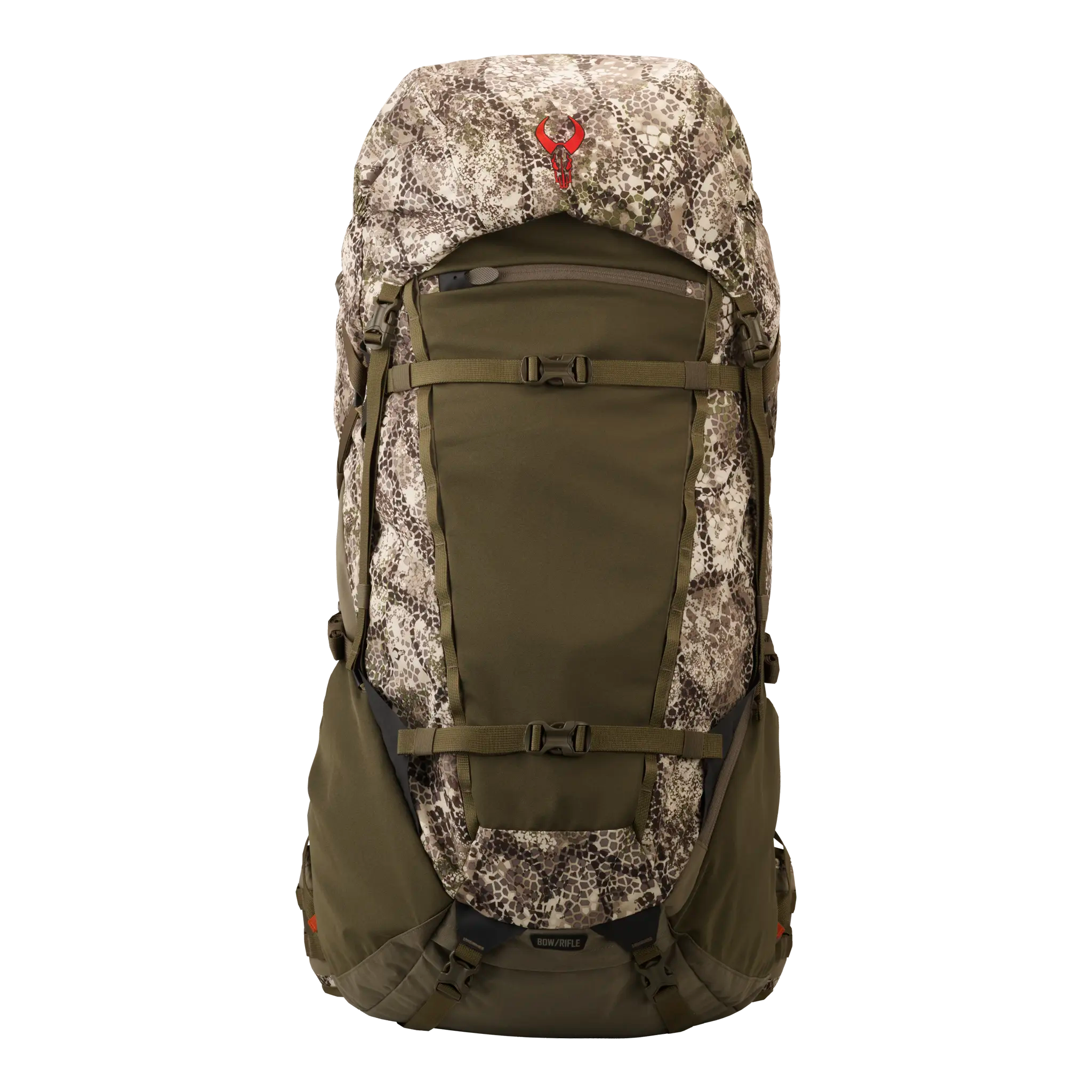 Large camouflage hunting backpack with Moonrivers skull logo, multiple straps, and zippered compartments, front view.