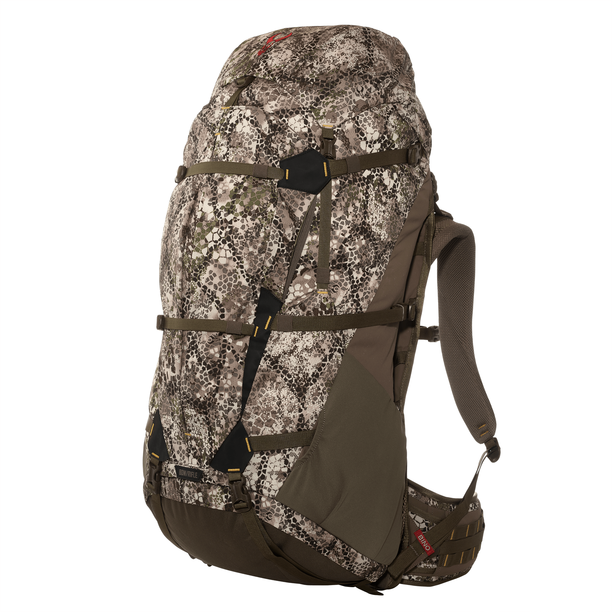 Moonrivers camo hunting backpack with ergonomic straps and red skull logo on top, designed for outdoor gear and comfort.