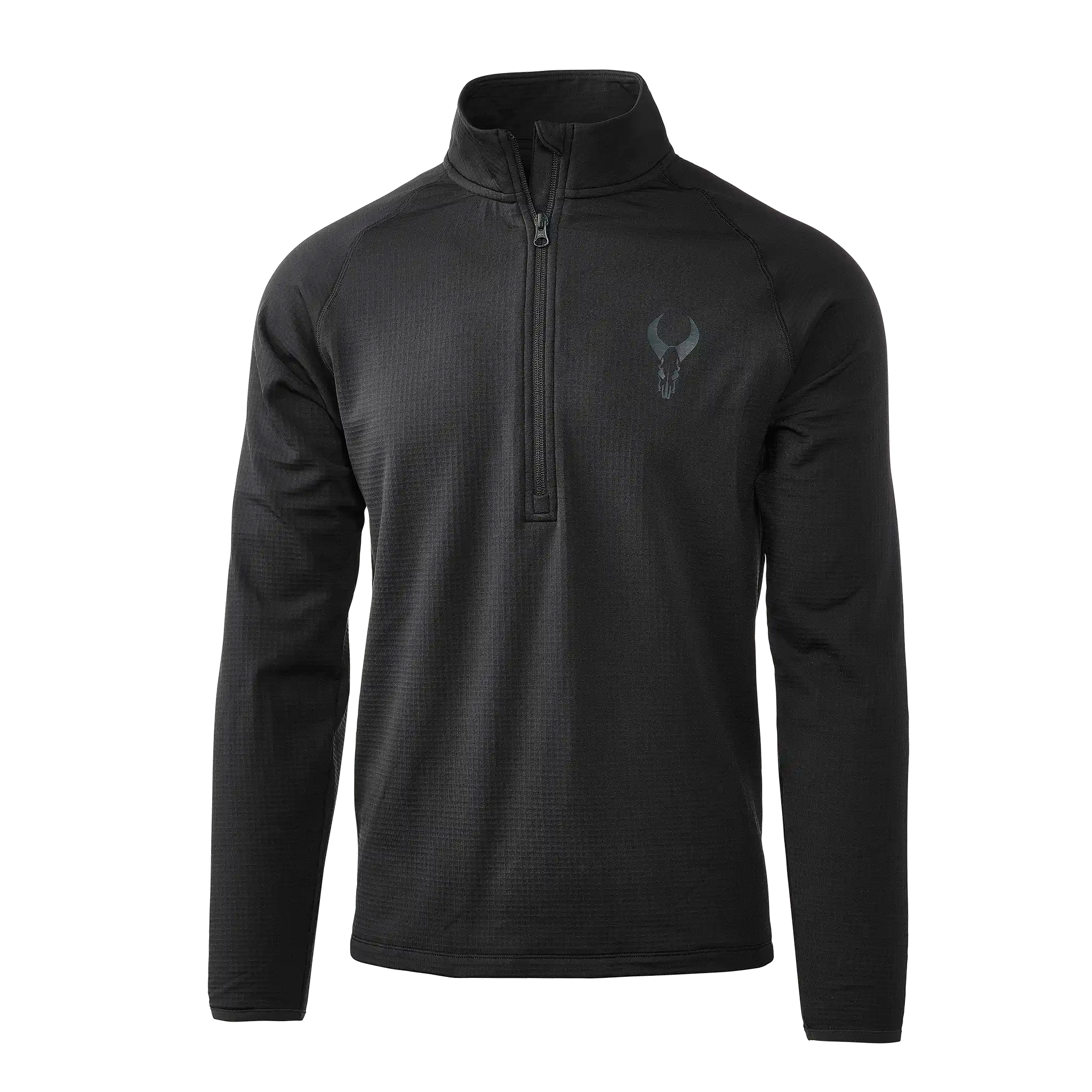 Black long-sleeve pullover with a quarter-zip and Moonrivers skull logo on the left chest.