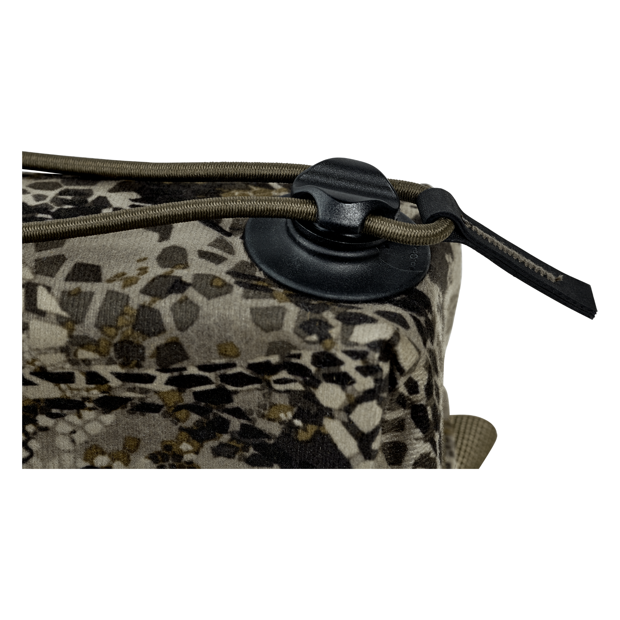 Close-up of a camouflage fabric bag with a drawstring and cord lock, featuring the Moonrivers Logo on the zipper pull.