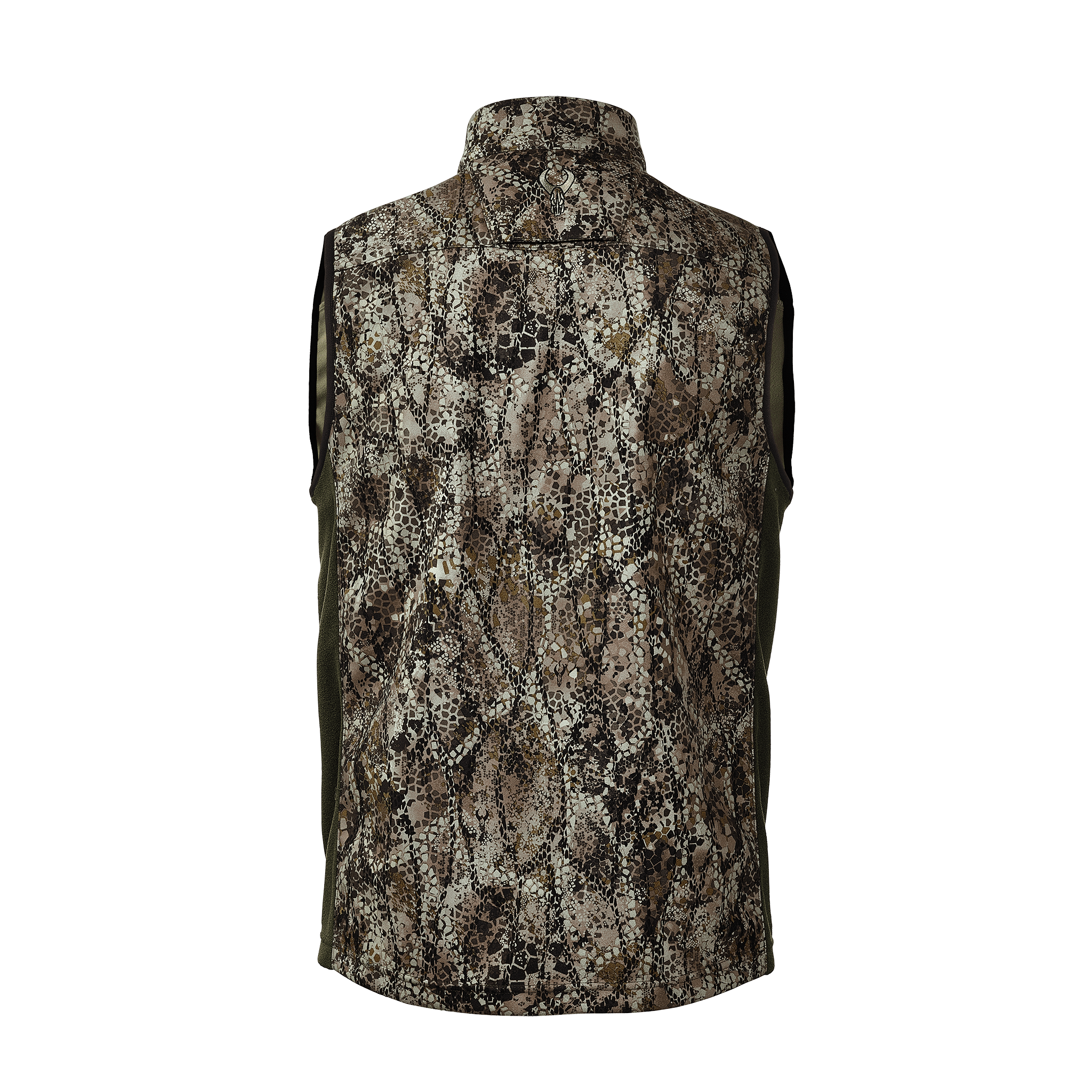 Sleeveless camo vest, high collar, Moonrivers Logo on upper back, designed for outdoor or hunting use.