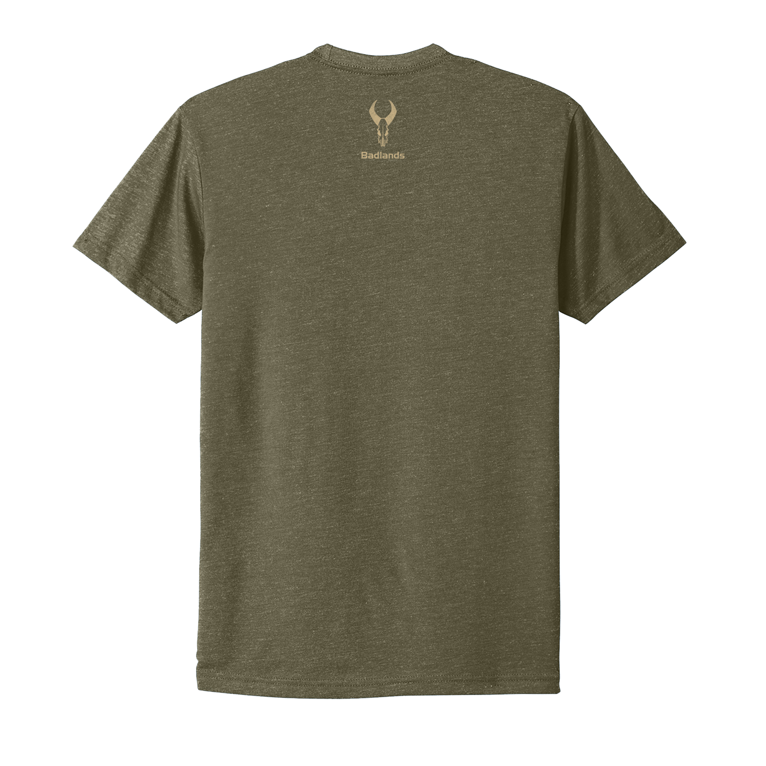 Olive green t-shirt with tan Moonrivers skull logo and "Badlands" text on upper back. Short sleeves, plain design.