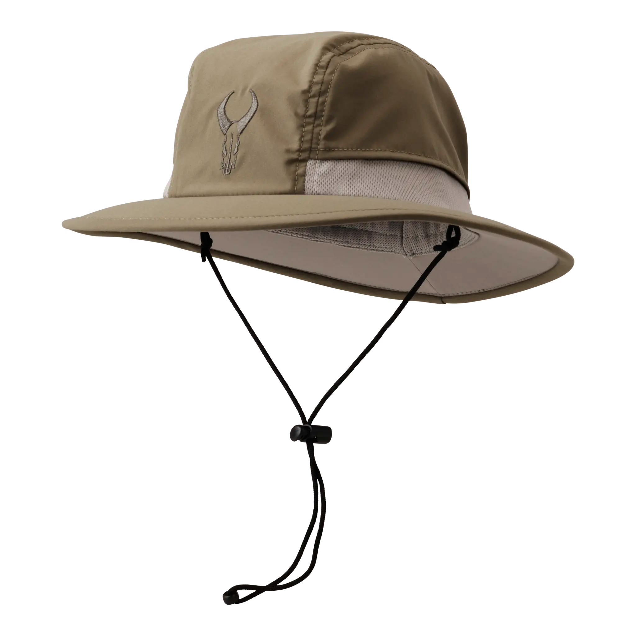 Tan sun hat with chin strap and mesh panel, featuring the Moonrivers Logo (skull design) on the front.