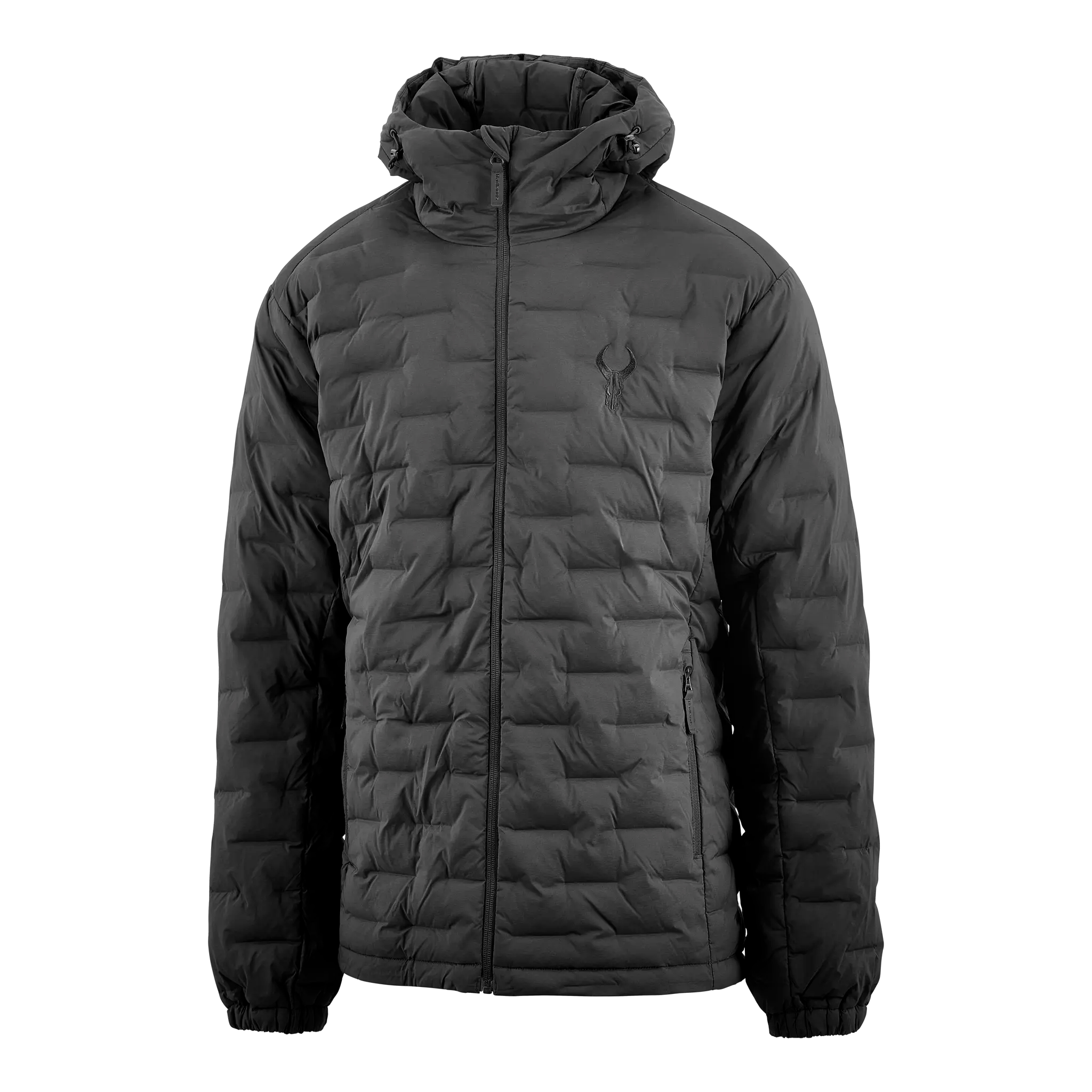 Black quilted hooded jacket with front zipper and Moonrivers skull logo on the chest.