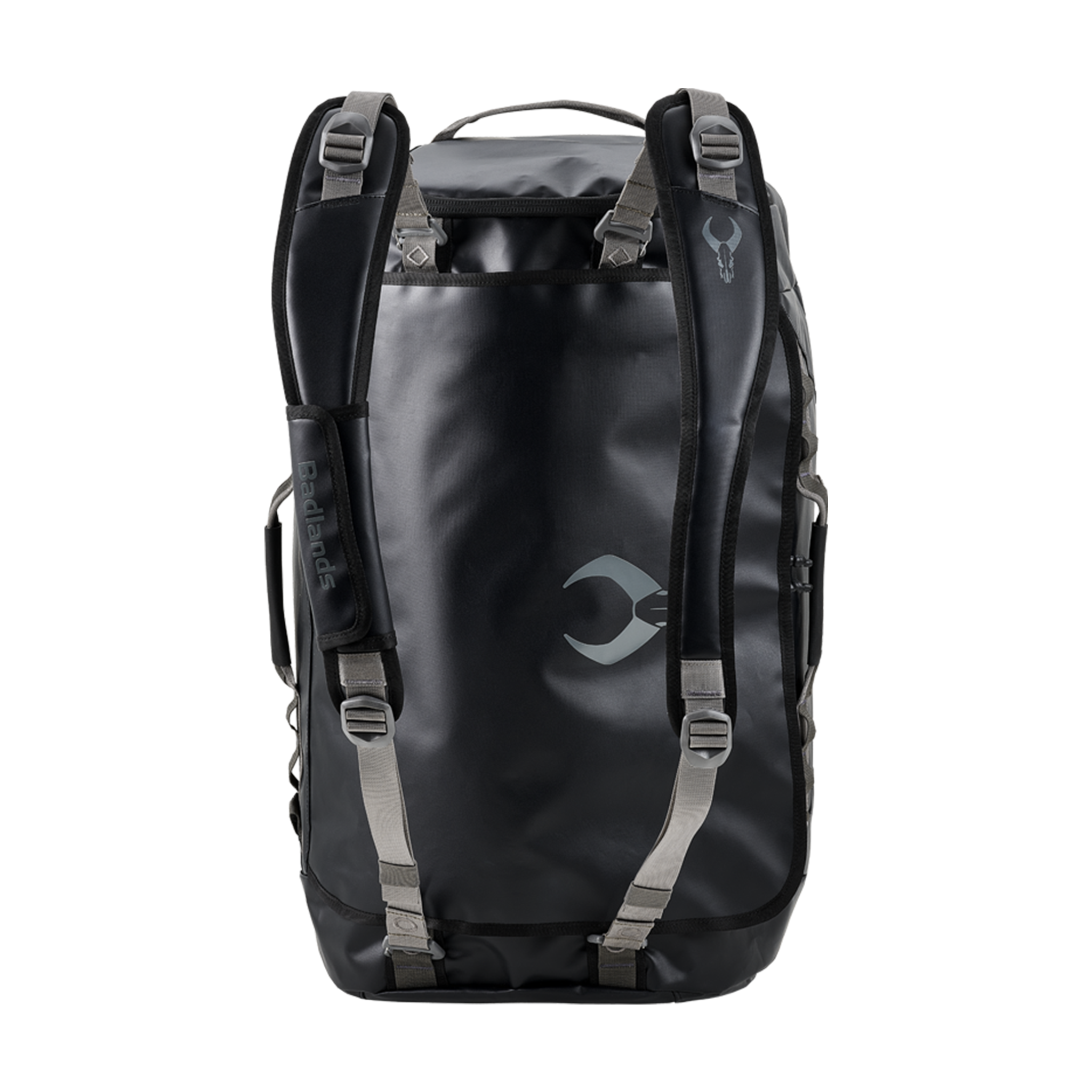 Black Moonrivers backpack with skull logo, gray straps, and top handle, shown against a plain background.