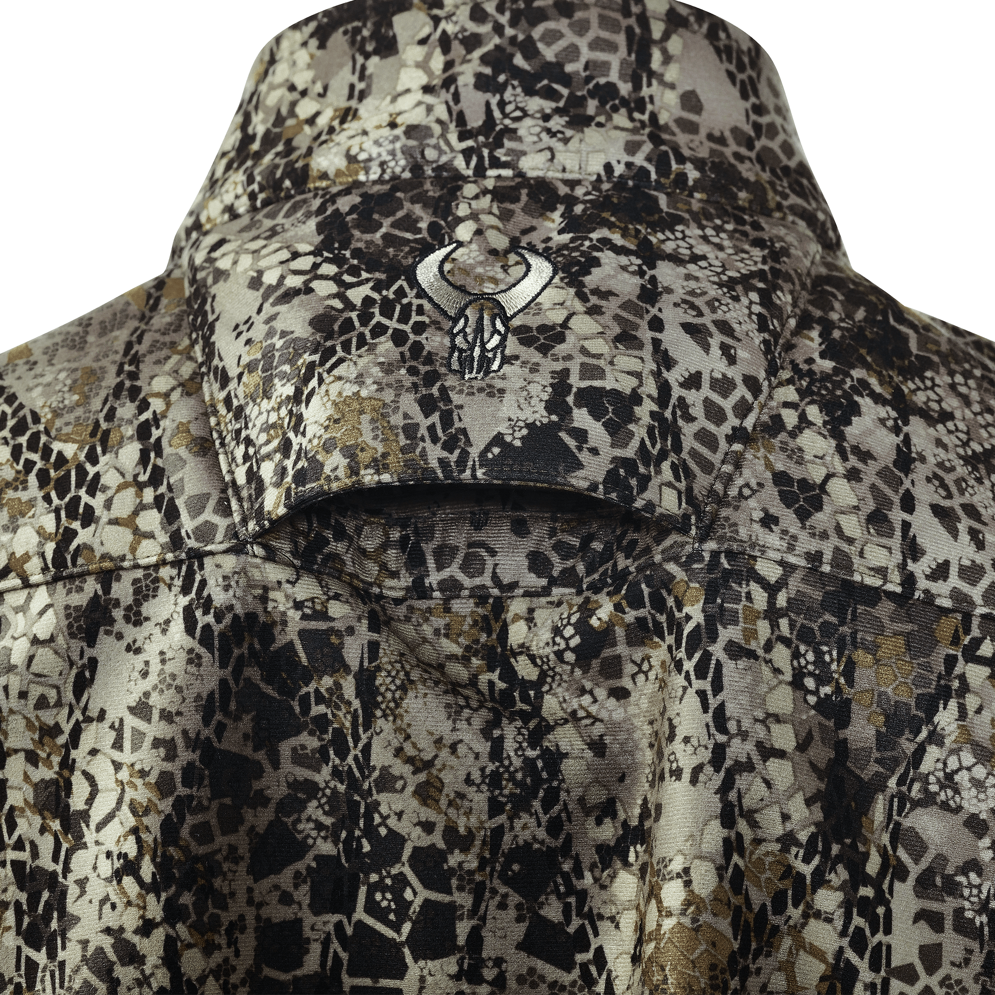Close-up of a camo shirt collar with the Moonrivers skull logo embroidered on the back.