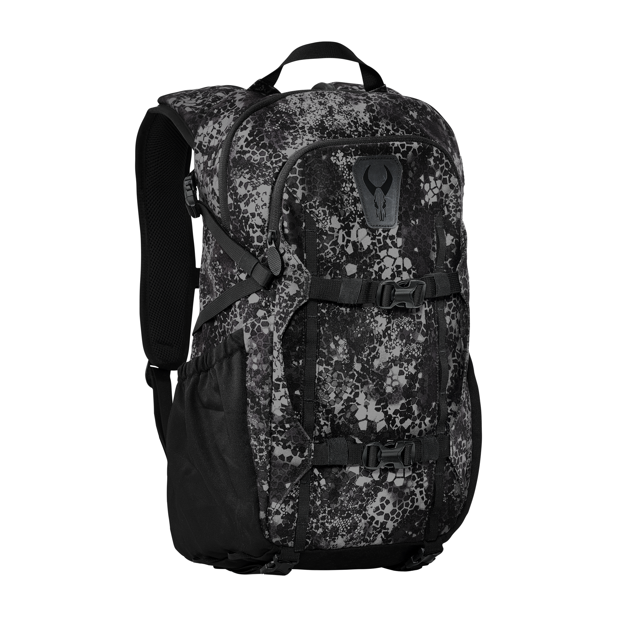 Black and gray camo backpack with Moonrivers skull logo, front buckles, side pockets, and padded shoulder straps.