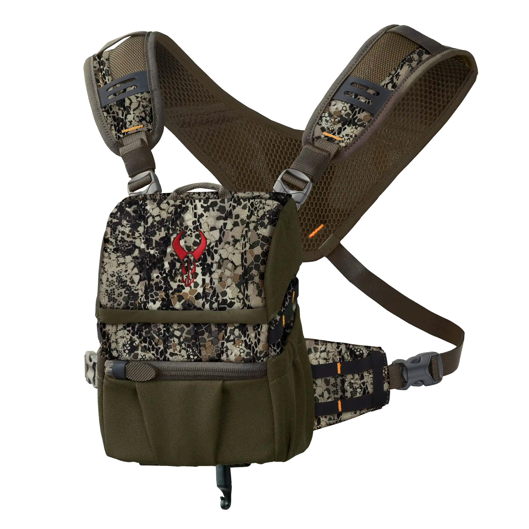Camo chest pack with mesh straps and Moonrivers skull logo, designed for outdoor or hunting gear organization.