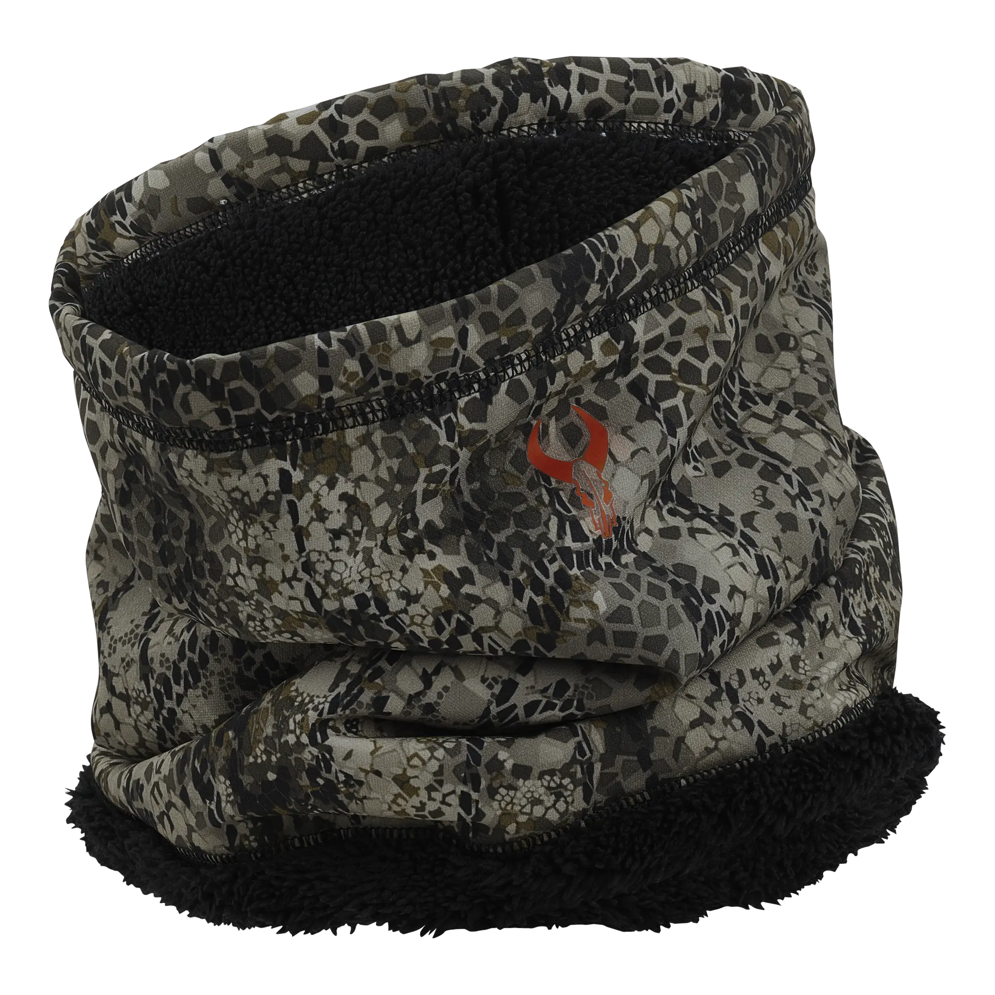 Camo fleece neck gaiter with Moonrivers skull logo, designed for warmth and concealment in outdoor environments.