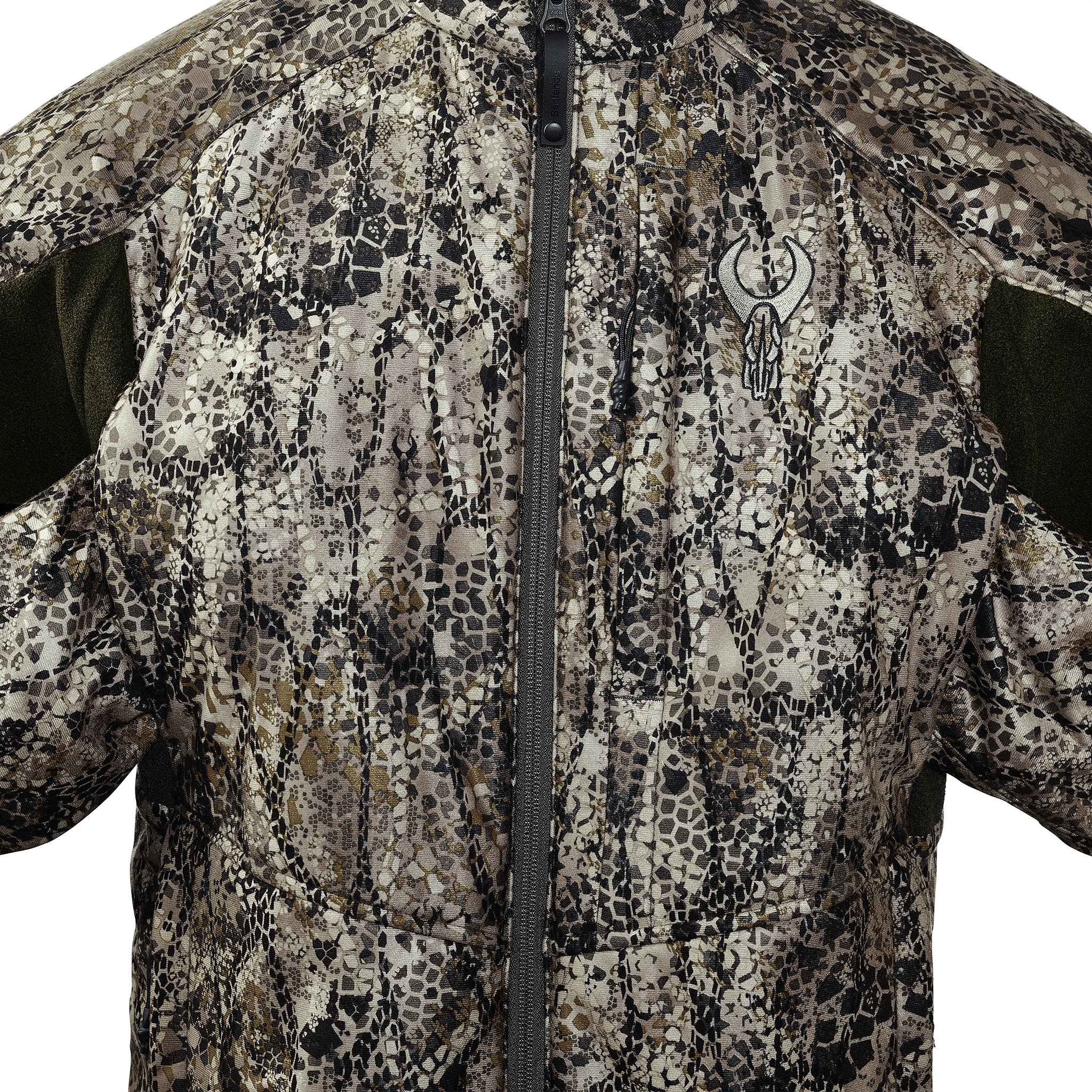 Camo jacket with front zipper and Moonrivers skull logo on chest, designed for outdoor or hunting use.