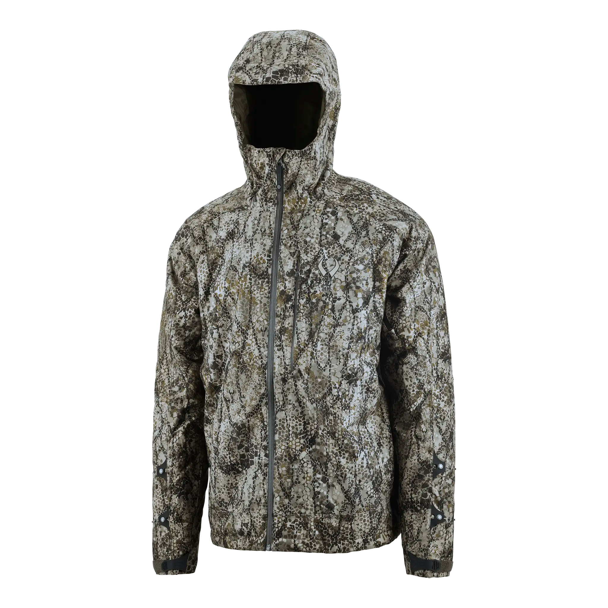 Moonrivers camo jacket with hood and skull logo, designed for outdoor use; front zipper and adjustable cuffs visible.