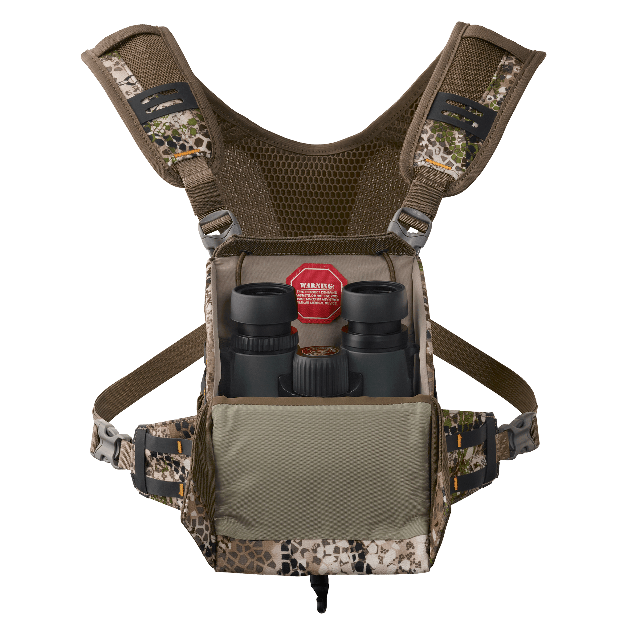 Camo Moonrivers binocular harness with open pouch, mesh straps, and visible warning label. Binoculars stored inside.