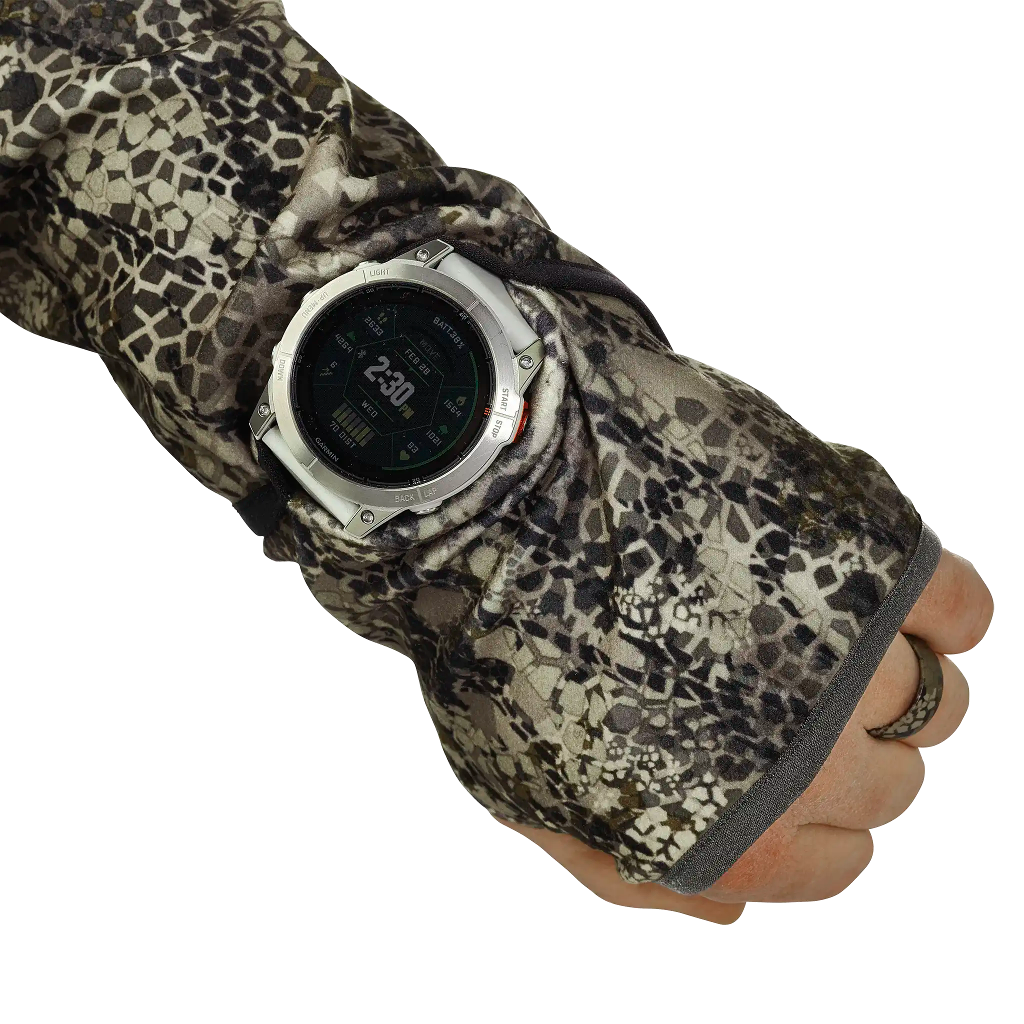 Hand wearing a camo sleeve with Moonrivers Logo, a watch, and a ring; watch face displays digital time.