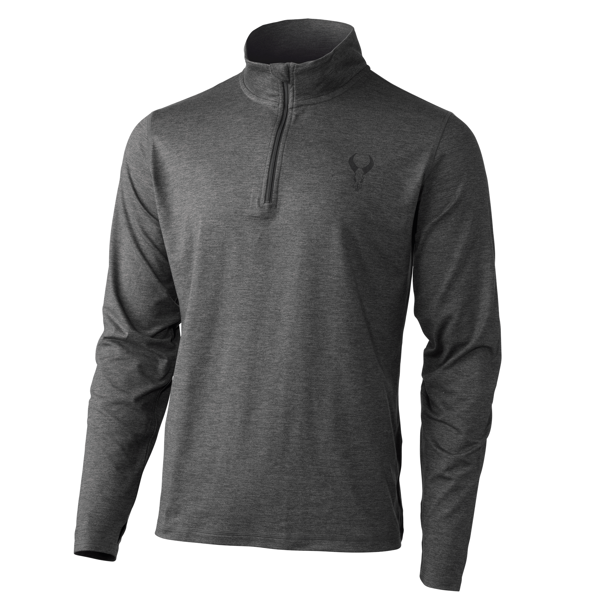Dark gray Moonrivers quarter-zip pullover with long sleeves and a subtle Moonrivers skull logo on the left chest.