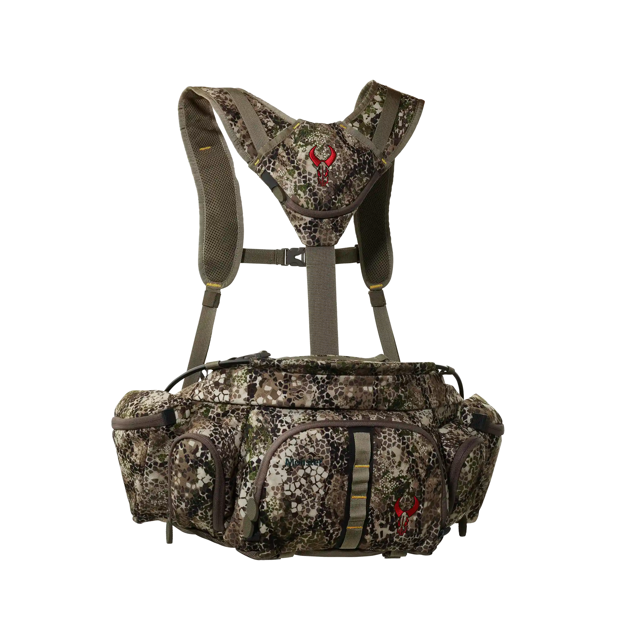 Camo hunting waist pack with shoulder harness, featuring the Moonrivers skull logo on both the chest and front pocket.