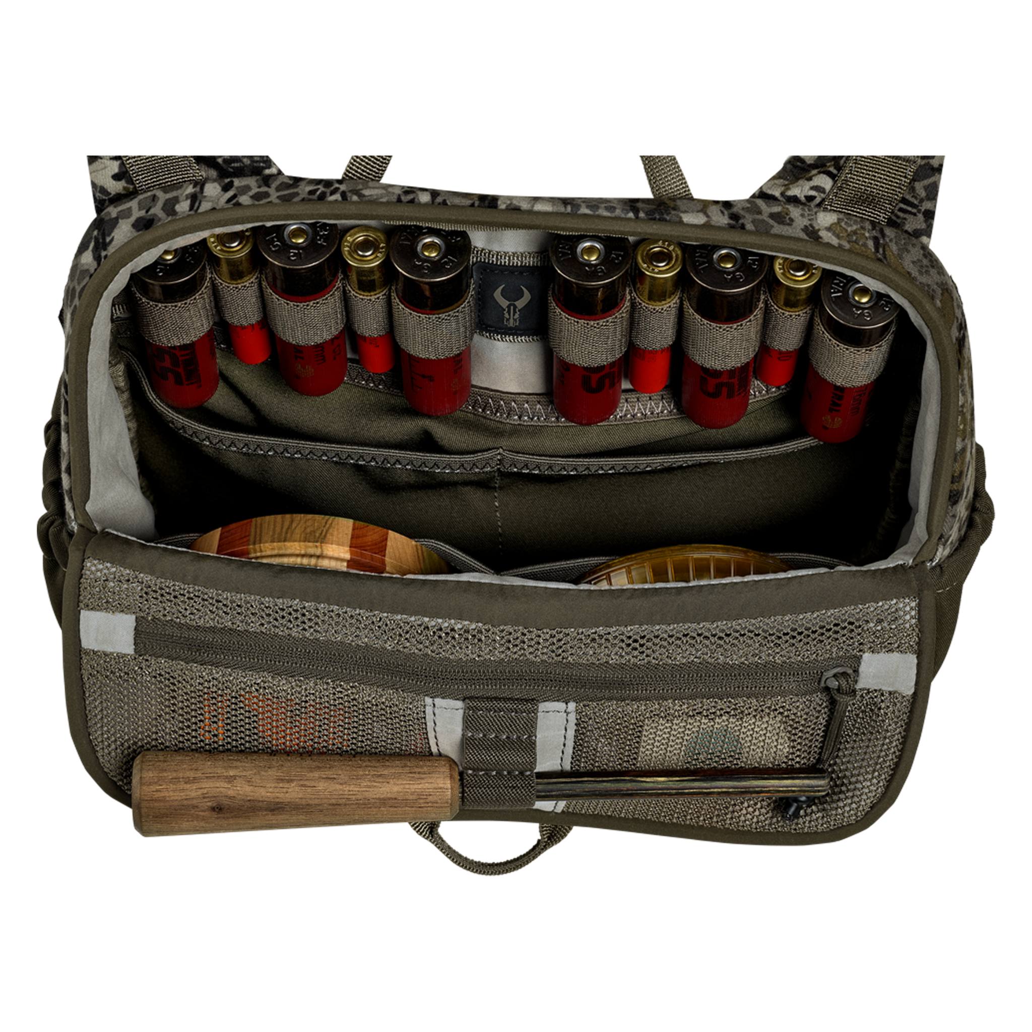 Open hunting bag with shotgun shells, wooden handle tool, and Moonrivers Logo visible; organized for easy access.