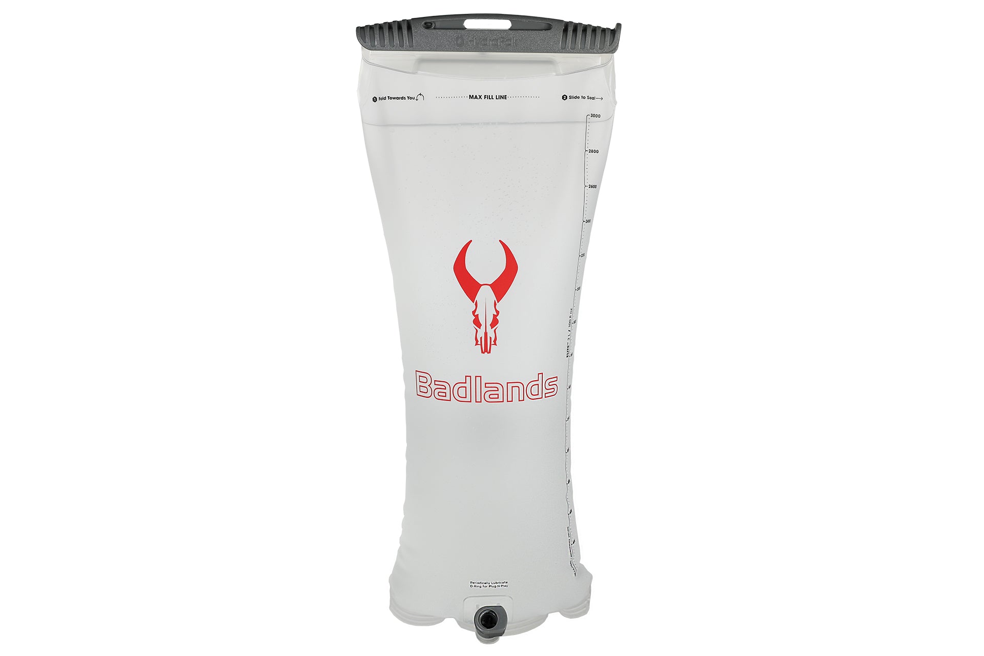 Clear hydration bladder with Moonrivers Logo and text, fill line markings, and a black cap at the top for outdoor use.