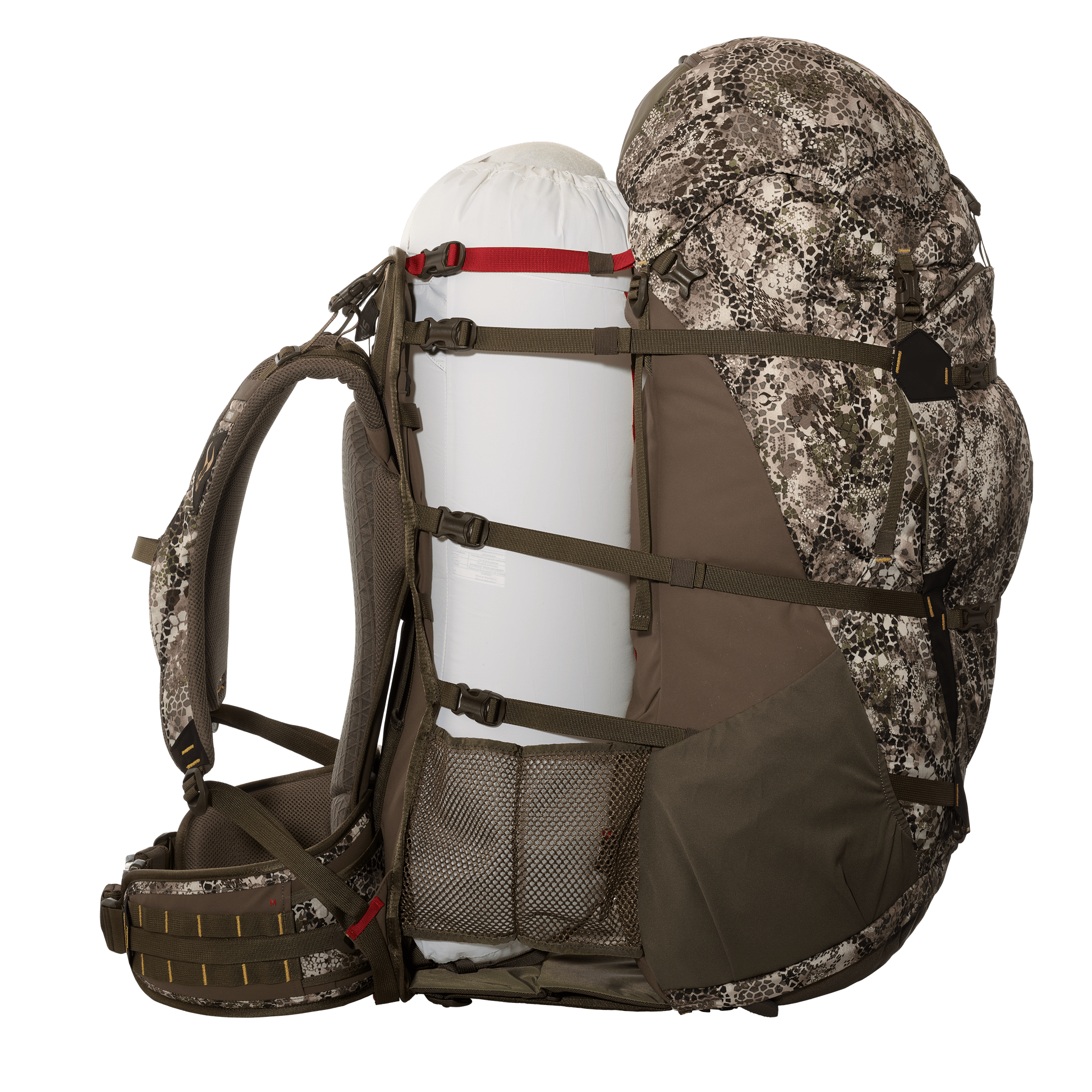 Moonrivers camo hunting backpack with large main compartment, side mesh pocket, and Moonrivers skull logo on the harness.