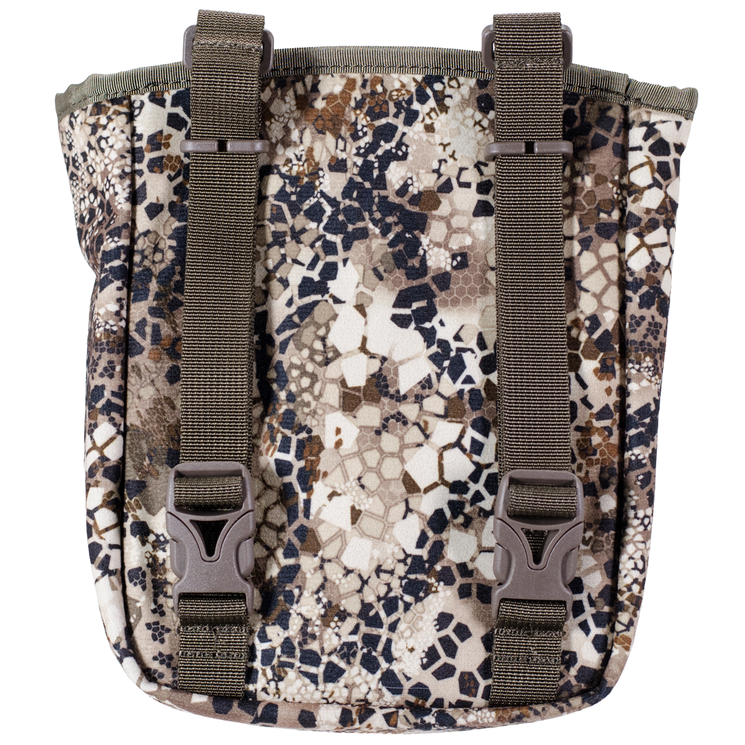 Moonrivers camo pouch with two adjustable straps and buckles; features rugged design for outdoor gear attachment.