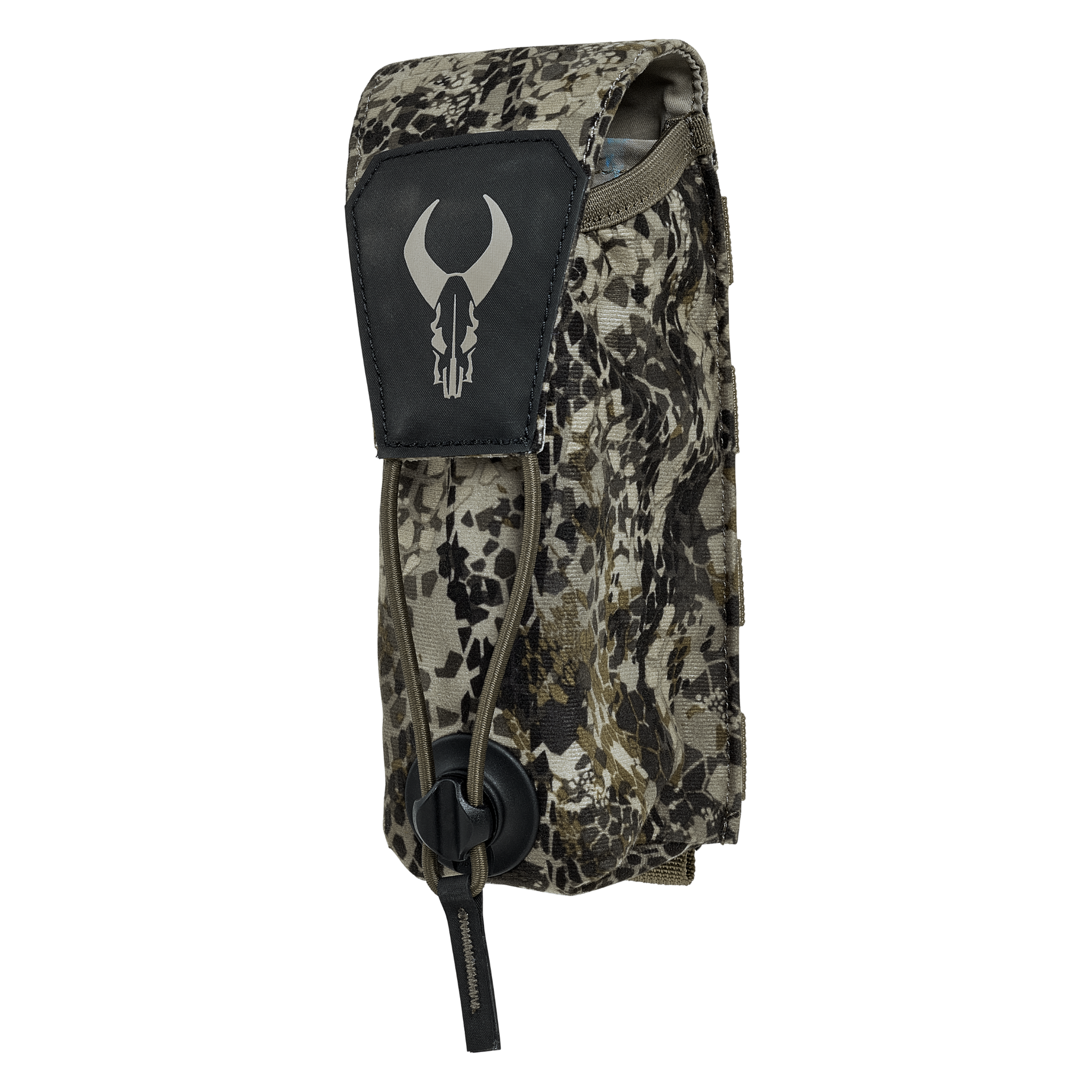 Camouflage pouch with Moonrivers skull logo, adjustable cord, and secure flap; designed for outdoor gear storage.