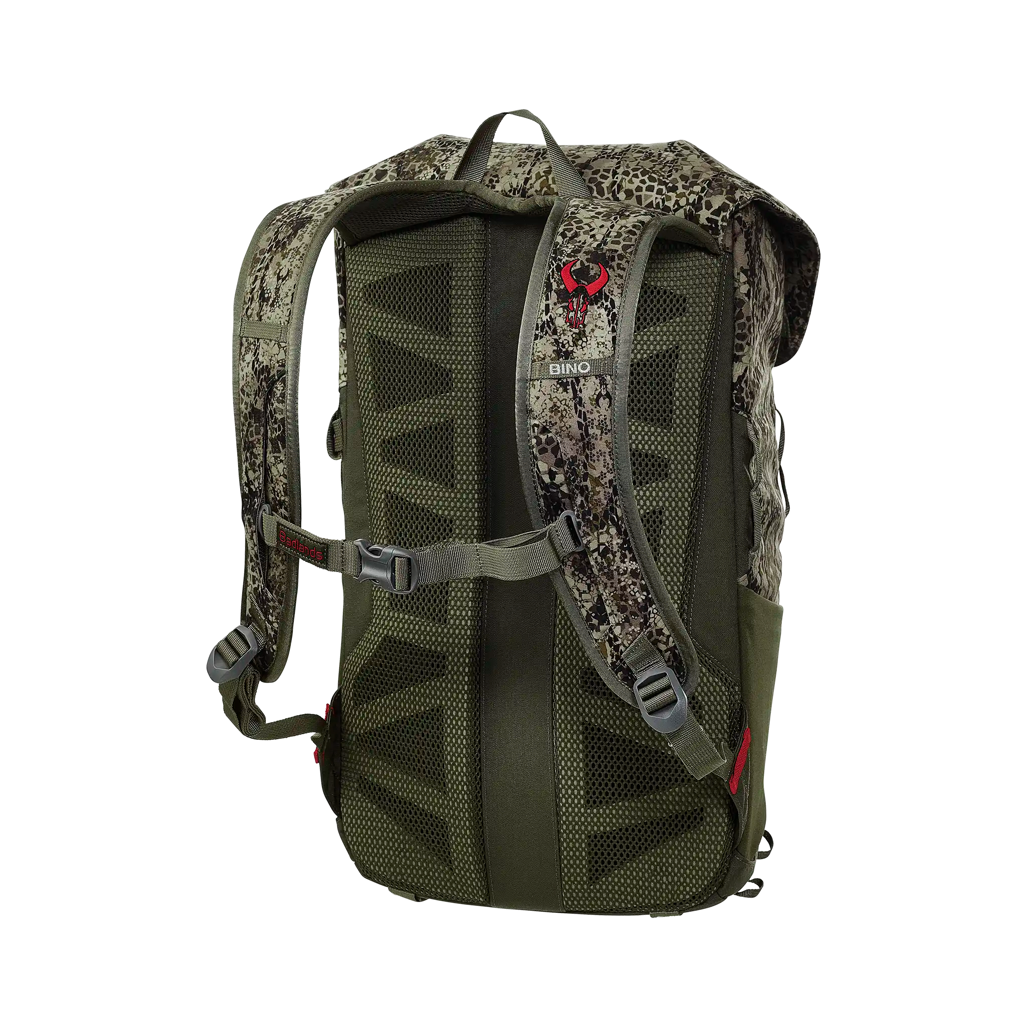 Camo backpack with mesh back panel, adjustable straps, and Moonrivers skull logo on left shoulder strap.