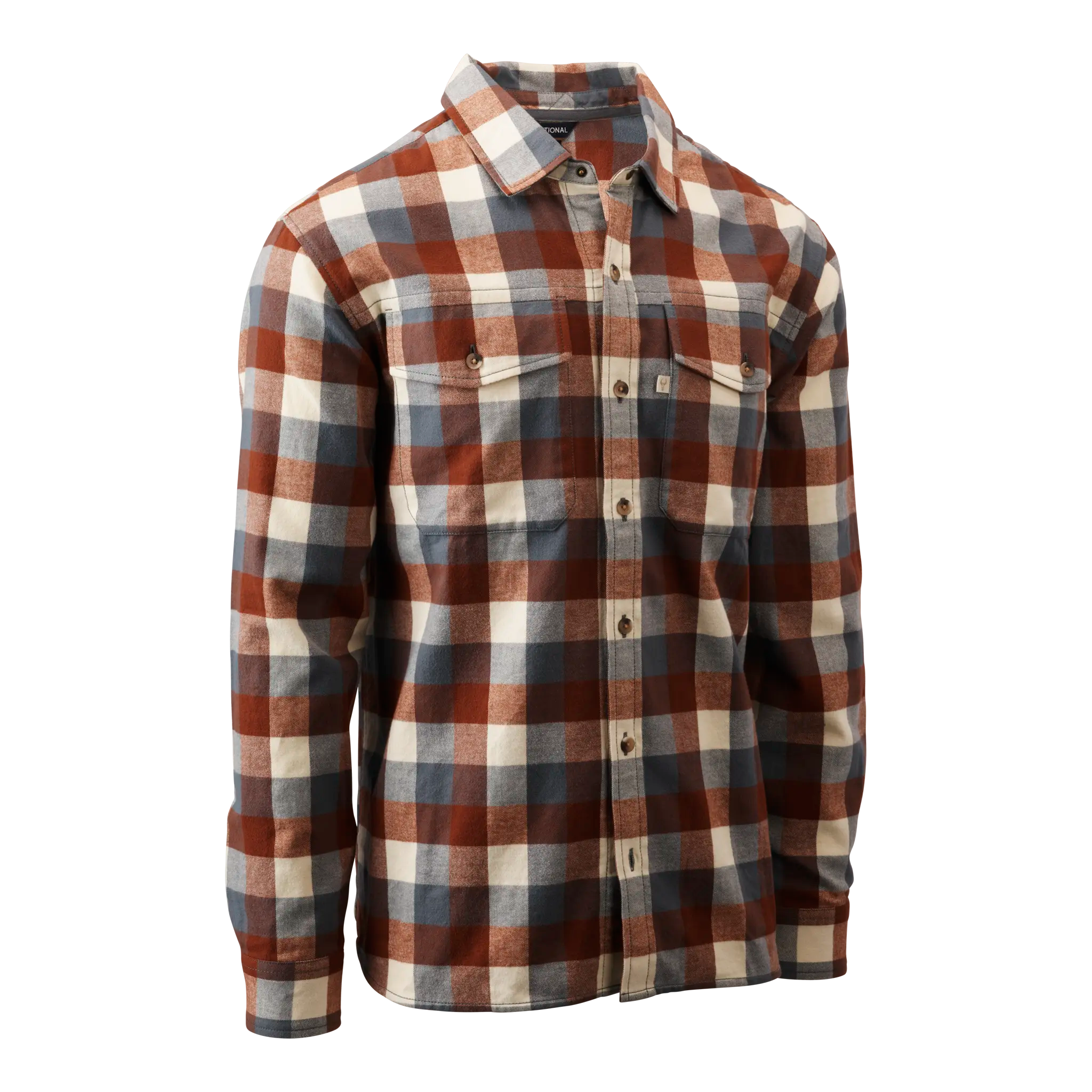 Men’s Moonrivers plaid flannel shirt in rust, blue, and cream with front pockets and subtle Moonrivers skull logo on chest.