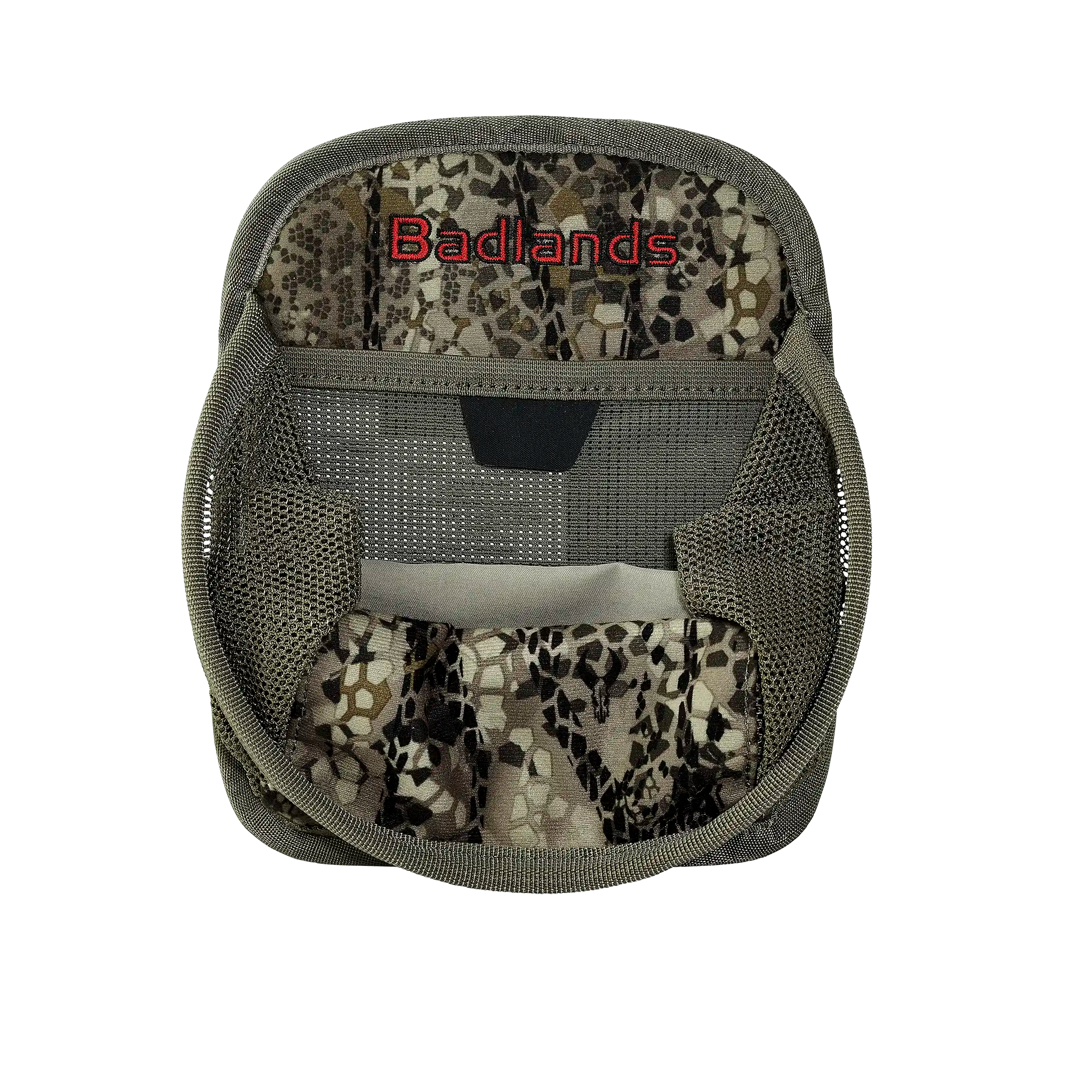 Camouflage pouch with mesh pockets and "Badlands" logo in red; organized storage for outdoor gear.