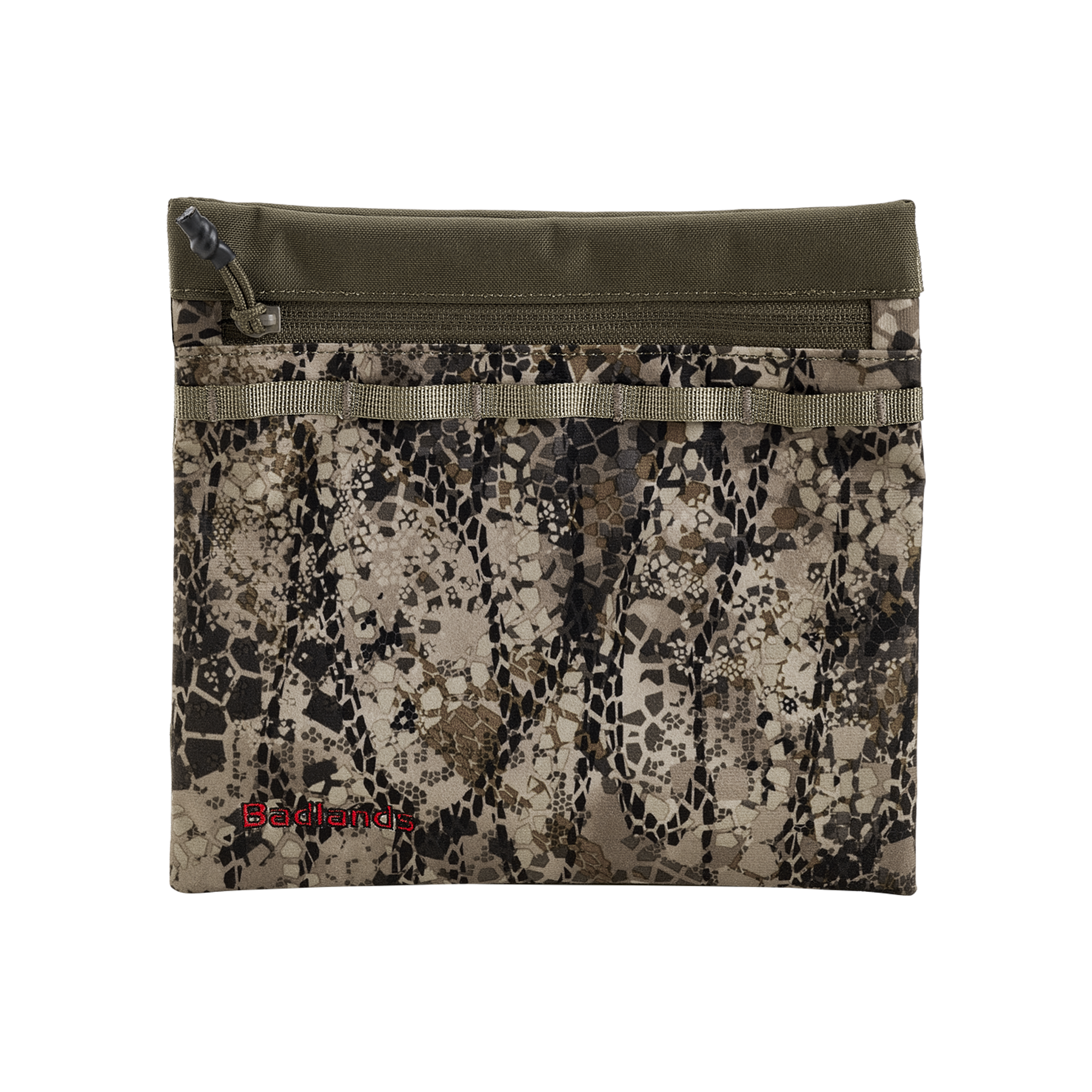 Camo pouch with zipper, tan top, and Moonrivers Logo in red at the bottom left. Suitable for outdoor gear storage.