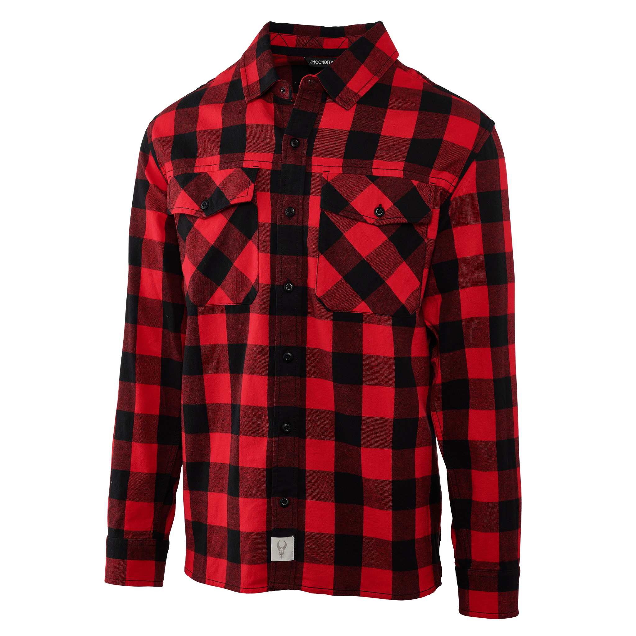Red and black plaid Moonrivers flannel shirt with front pockets and skull logo patch at the hem.