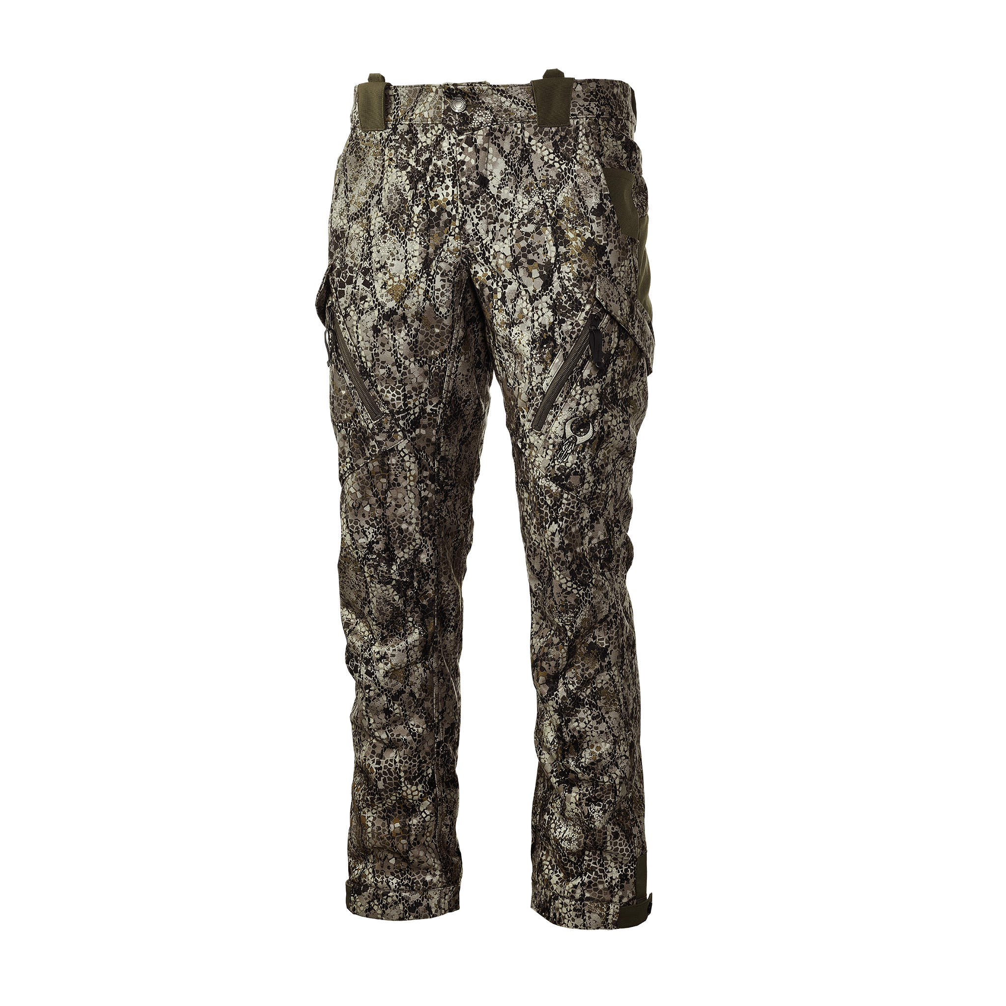 Camo hunting pants with zippered pockets and belt loops, featuring the Moonrivers Logo for outdoor use.